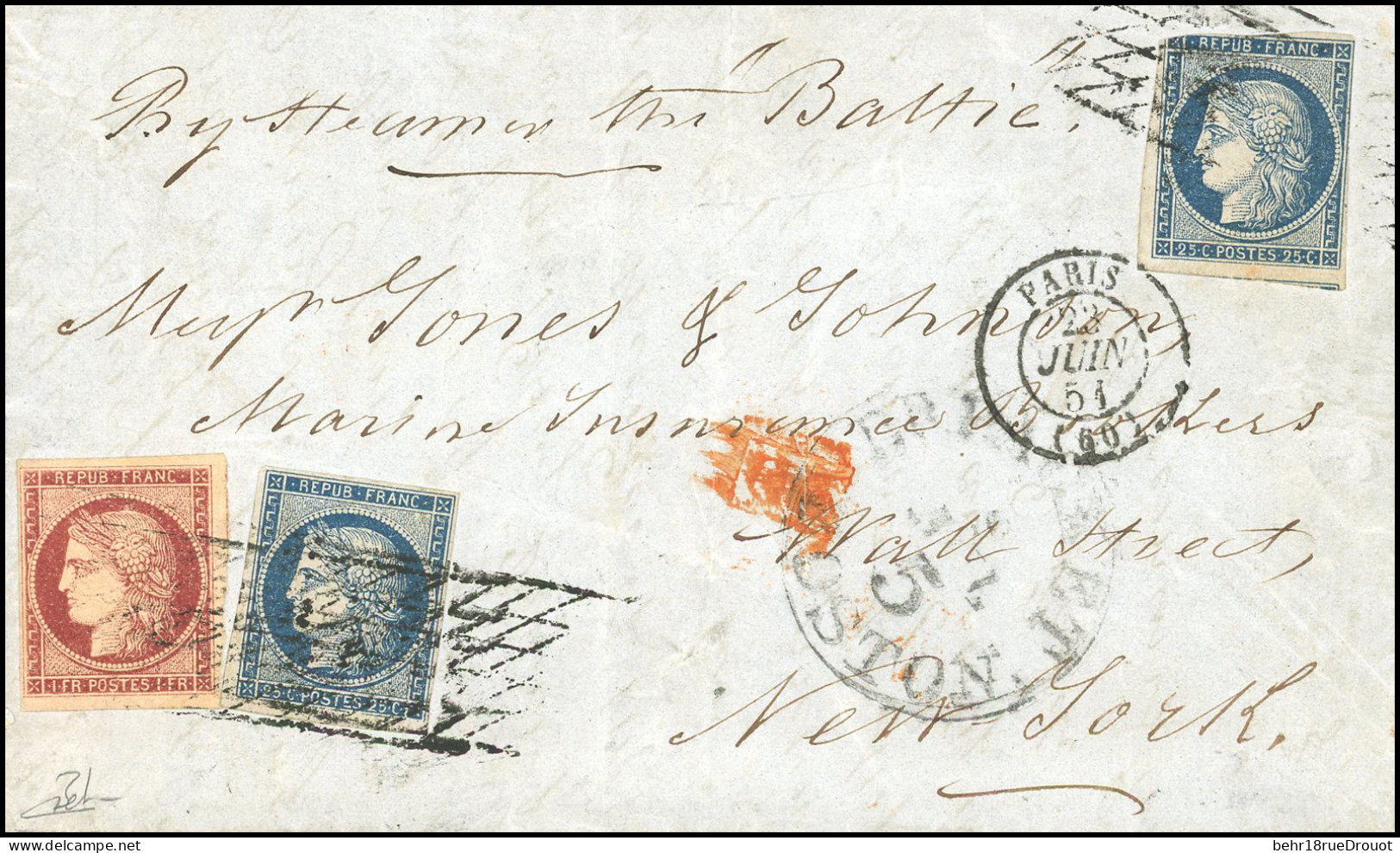 Obl. 6+4x2 - 1F. Carmin + 2x 25c. Bleu (def) Obl. Grille Sans Fin S/lettre Frappée Du CàD De PARIS Du 23 Juin 1851 à Des - 1849-1850 Cérès