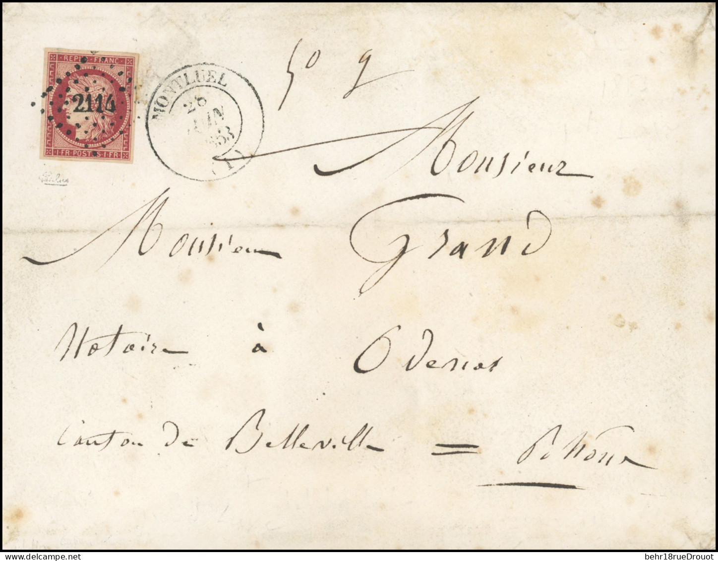 Obl. 6d - 1F. Carmin Cerise, Obl. PC 2114 S/lettre Frappée Du CàD De MONTUEL Du 28 Juin 1853 à Destination De BELLEVILLE - 1849-1850 Cérès