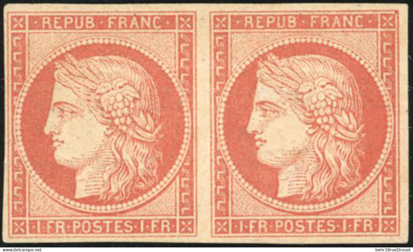 (*) 7A - 1F. Vermillon Pâle Dit 'Vervelle' En Paire. Pli Horizontal D'origine. Variété Du Carré Touchant Le Cadre Tenant - 1849-1850 Cérès