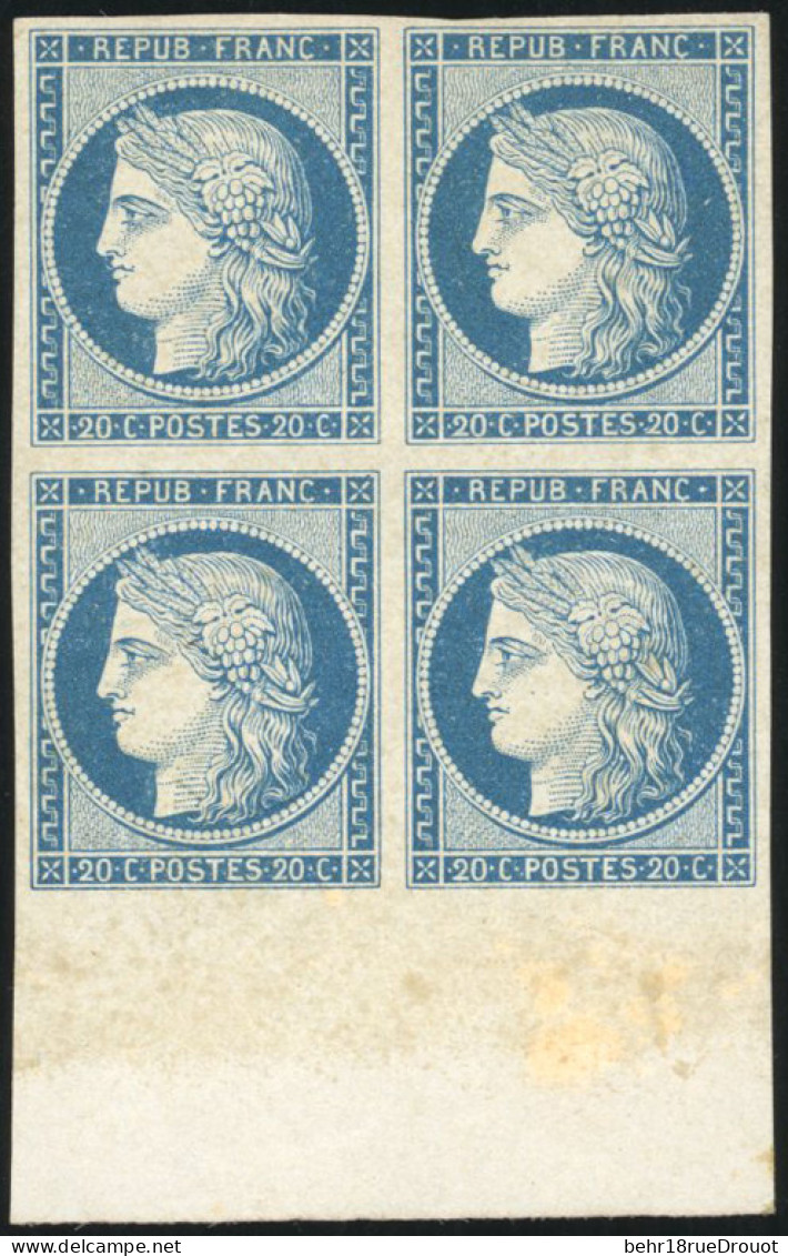 (*) 8 - 20c. Bleu S/jaunâtre Dit ''DURRIEU''. Bloc De 4. Bord De Feuille. SUP. R. - 1849-1850 Ceres
