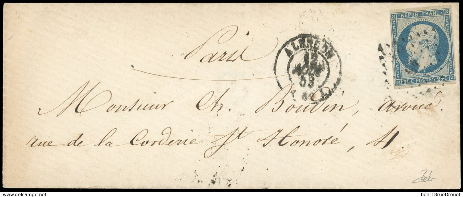 Obl. 10 - 25c. Bleu Obl. PC 45 S/lettre Frappée Du CàD D'ALENCON Du 12 Août 1853 à Destination De PARIS. Arrivée Le 13 A - 1852 Louis-Napoleon