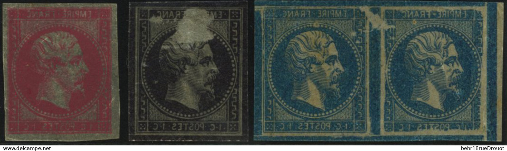 (*) 11 - 3 Essais Du 1c. En Rouge, Violet Et Bleu (paire) S/papier Baudruche. B à TB. - 1853-1860 Napoleon III