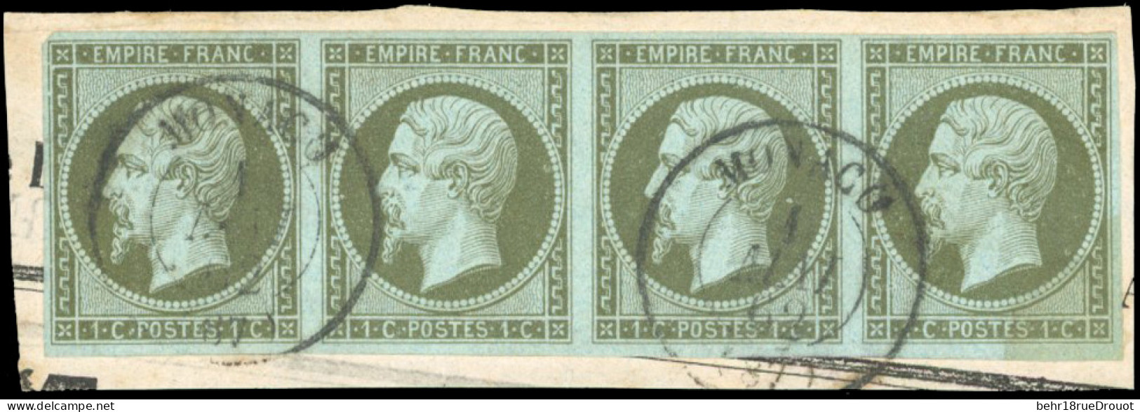 Obl. 11 - 1c. Olive. Bande De 4. Obl. S/fragment Frappé Du CàD De MONACO Du 1 Mai 1862. SUP. - 1853-1860 Napoléon III