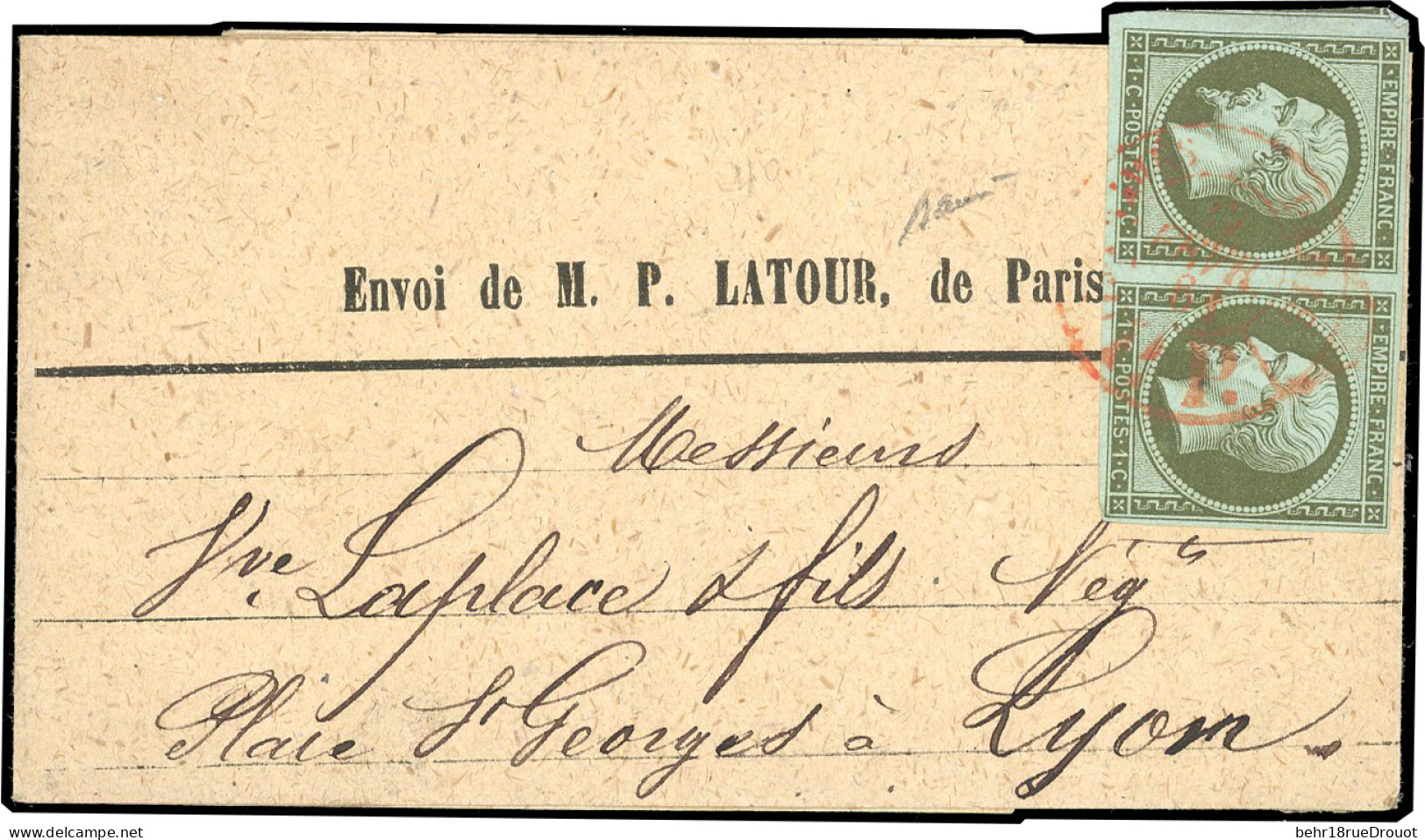Obl. 11 - Paire Du 1c. Olive Obl. Cachet Rouge PP Du 14 Février 1861 S/bande Complète De Journal De PARIS à Destination  - 1853-1860 Napoleon III