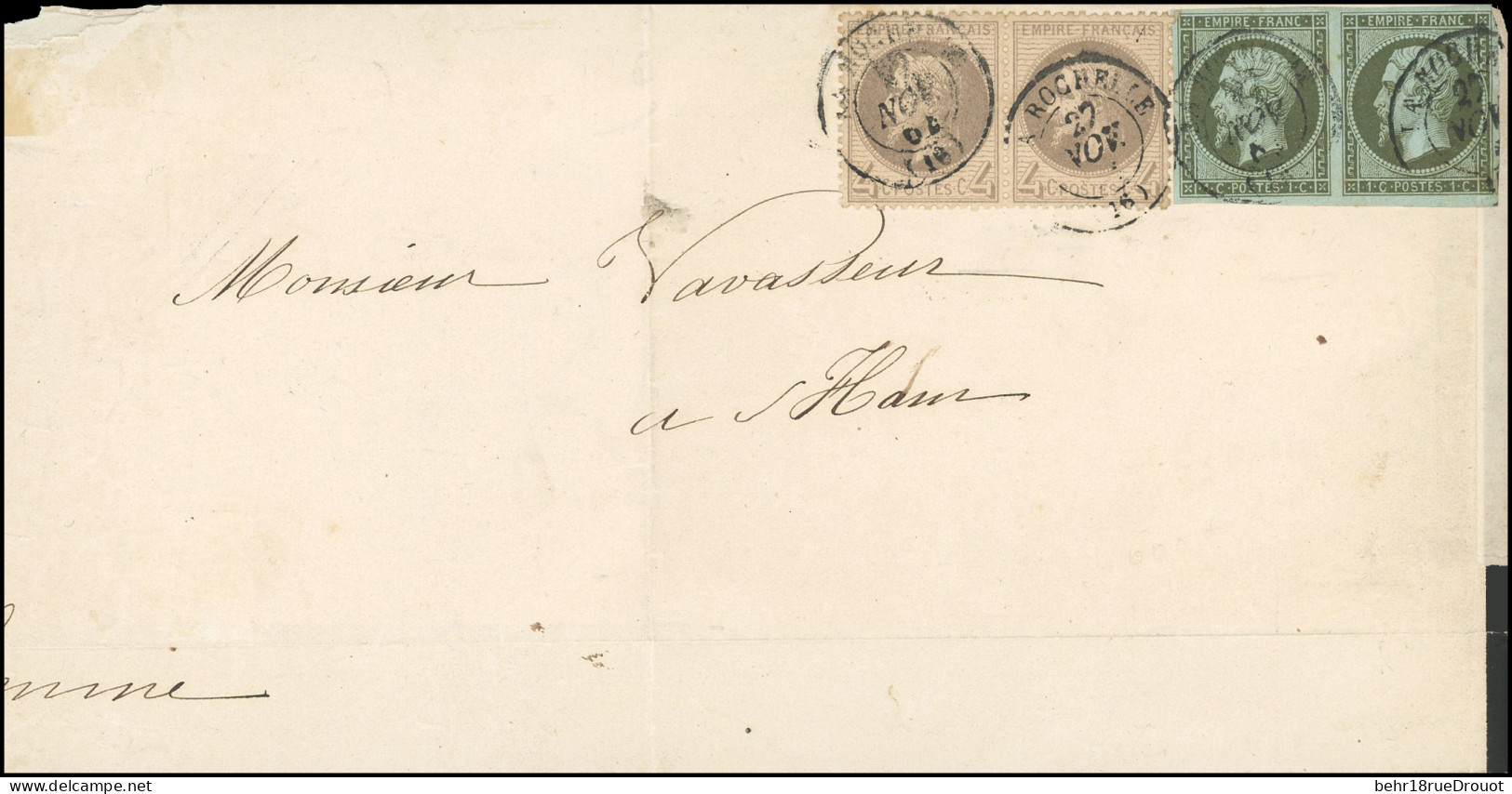 Obl. 11x2+27x2 - Paire Du 1c. Olive + Paire De 4c. Gris Obl. S/lettre Frappée Du CàD De LA ROCHELLE Du 27 Novembre ----. - 1853-1860 Napoléon III