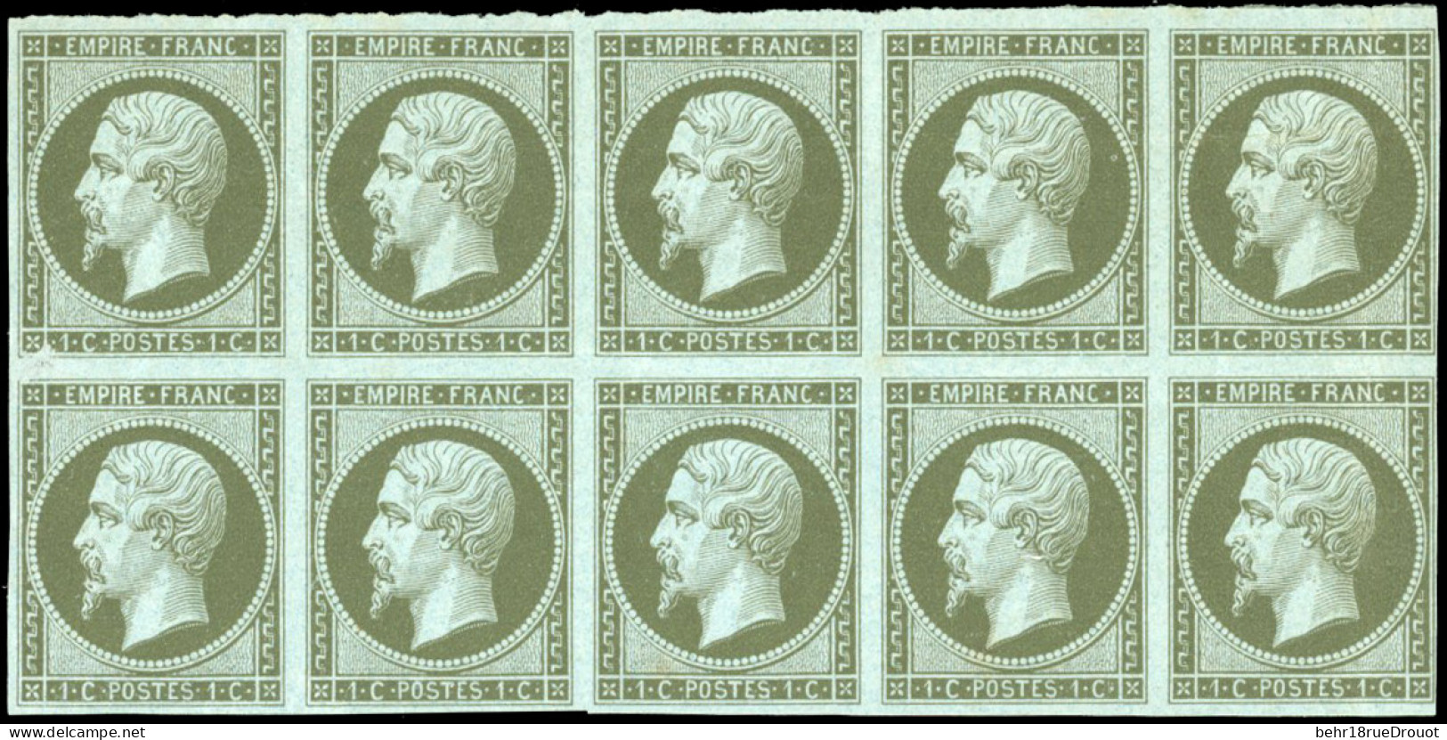 * 11a - 1c. Vert-bronze. Bloc De 10 Très Frais. SUP. - 1853-1860 Napoleon III