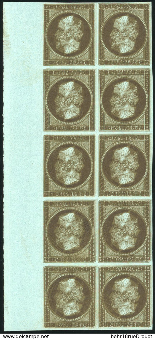 (*) 11e - Essai Du 1c. Mordoré. Bloc De 10. BdeF. Double Impression En Tête-bêche. SUP. - 1853-1860 Napoleon III