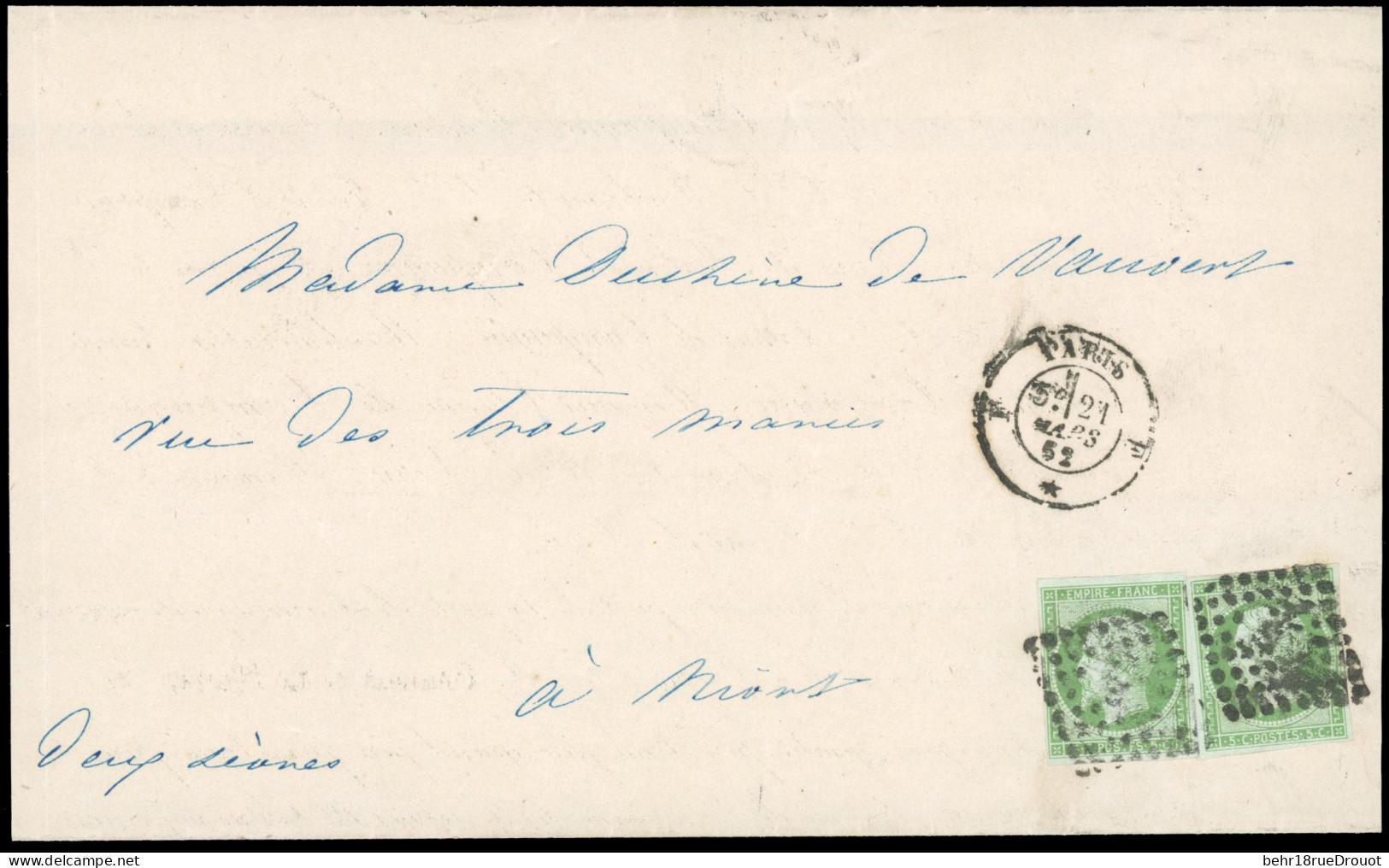 Obl. 12x2 - 5c. Vert X 2 Obl. Losange S/lettre Frappée Du CàD De * PARIS * Du 21 Mars 1852 à Destination De NIORT - DEUX - 1853-1860 Napoléon III.