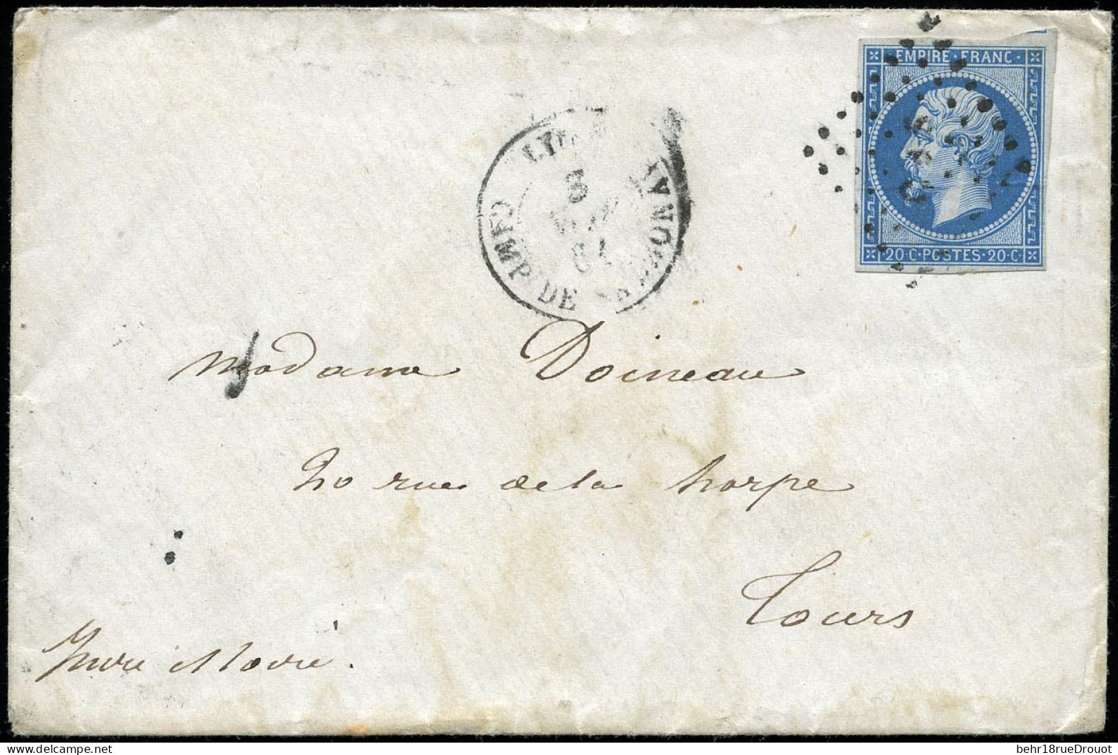 Obl. 14B - 20c. Obl. Losange CDS S/lettre Frappée Du CàD Du CAMP DE SATHONAY Du 3 Novembre 1861 à Destination De TOURS - - 1853-1860 Napoléon III