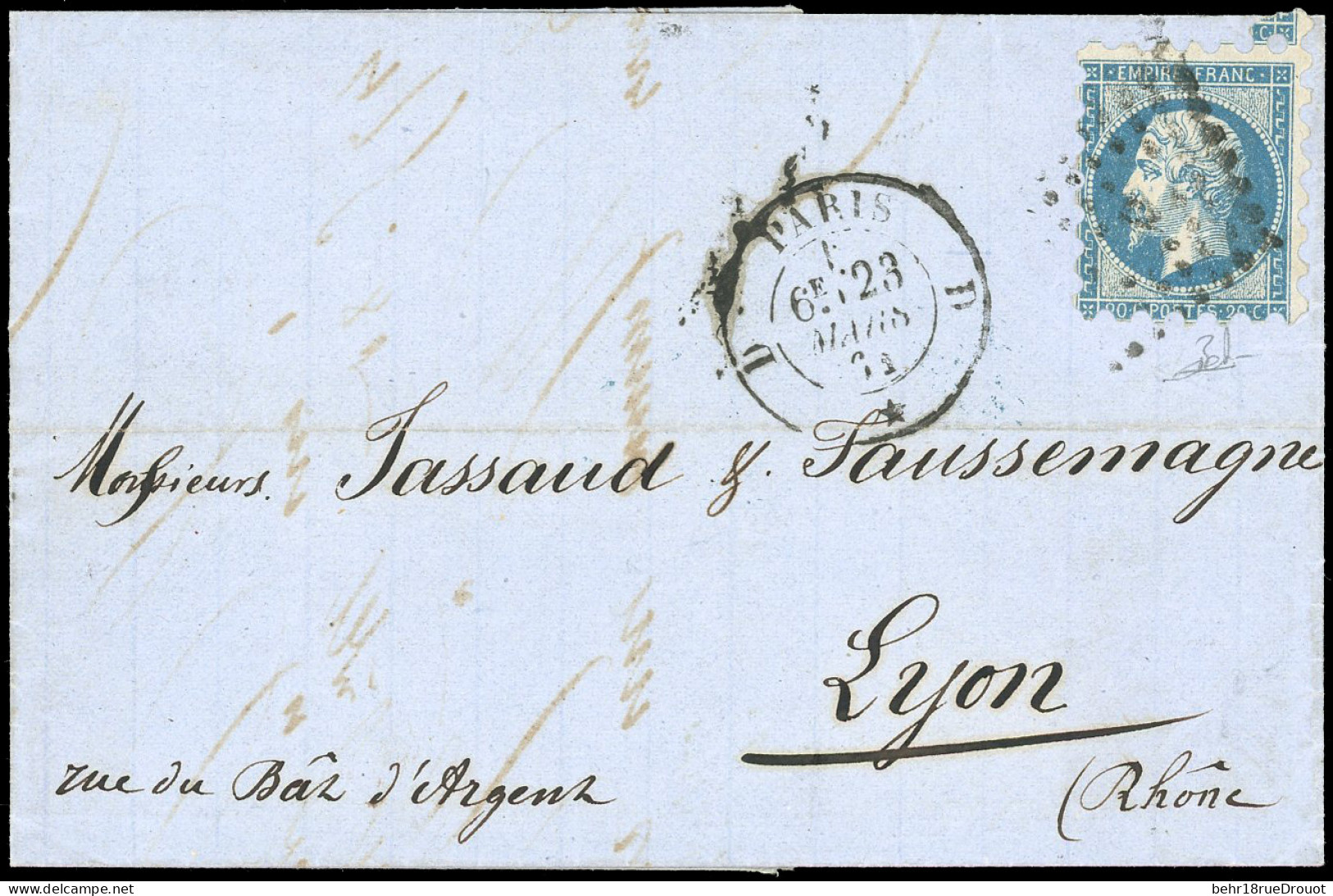 Obl. 14A - 20c. Bleu, Piquage Susse, Obl. Losange S/lettre Frappée Du CàD De PARIS D Du 23 Mars 1861 à Destination De LY - 1853-1860 Napoléon III