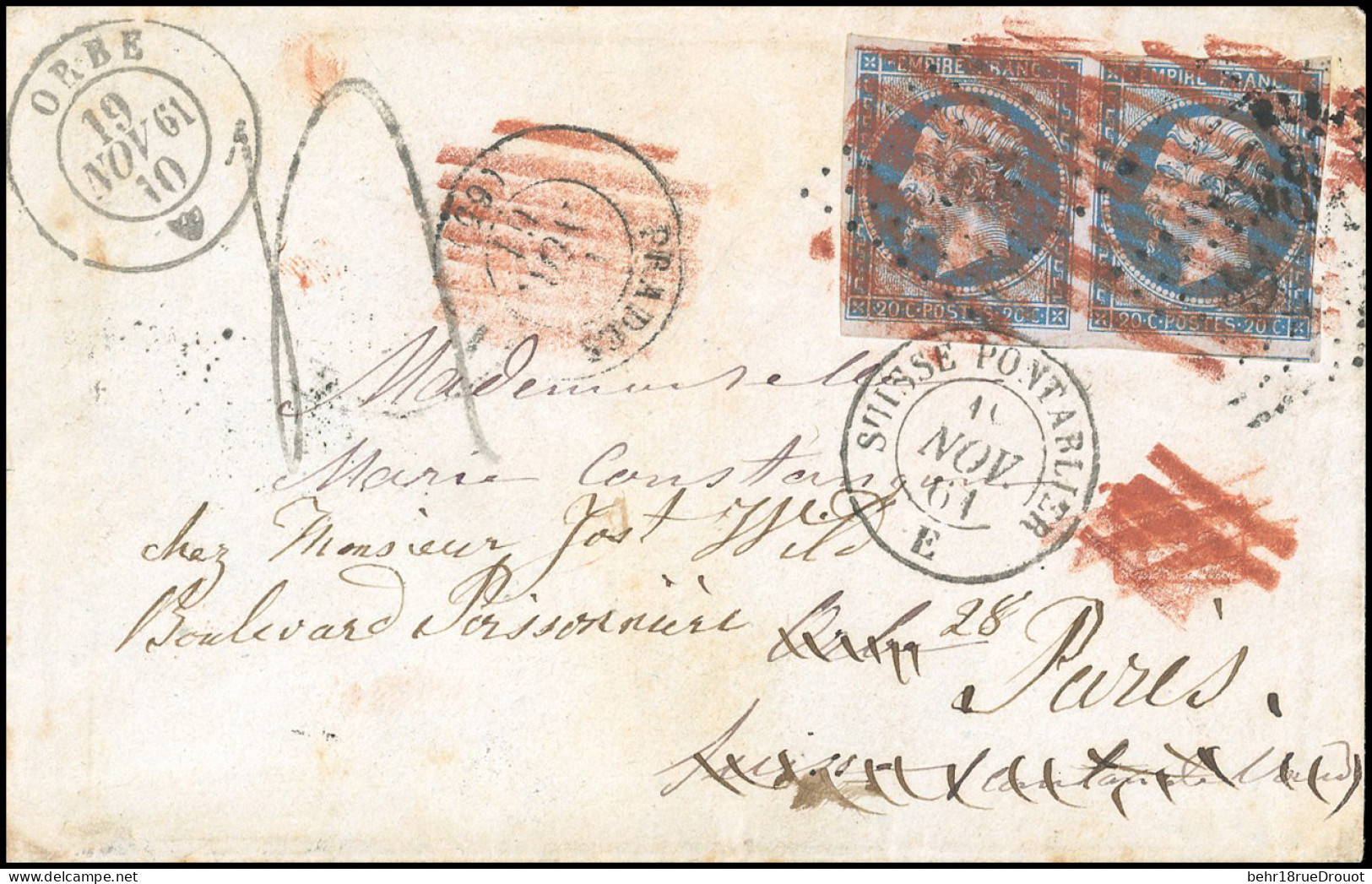 Obl. 14B - Paire Du 20c. Bleu Obl. S/lettre Frappée Du CàD De PRADES Du -- Novembre 1861 à Destination D'ORBE - SUISSE. - 1853-1860 Napoléon III.