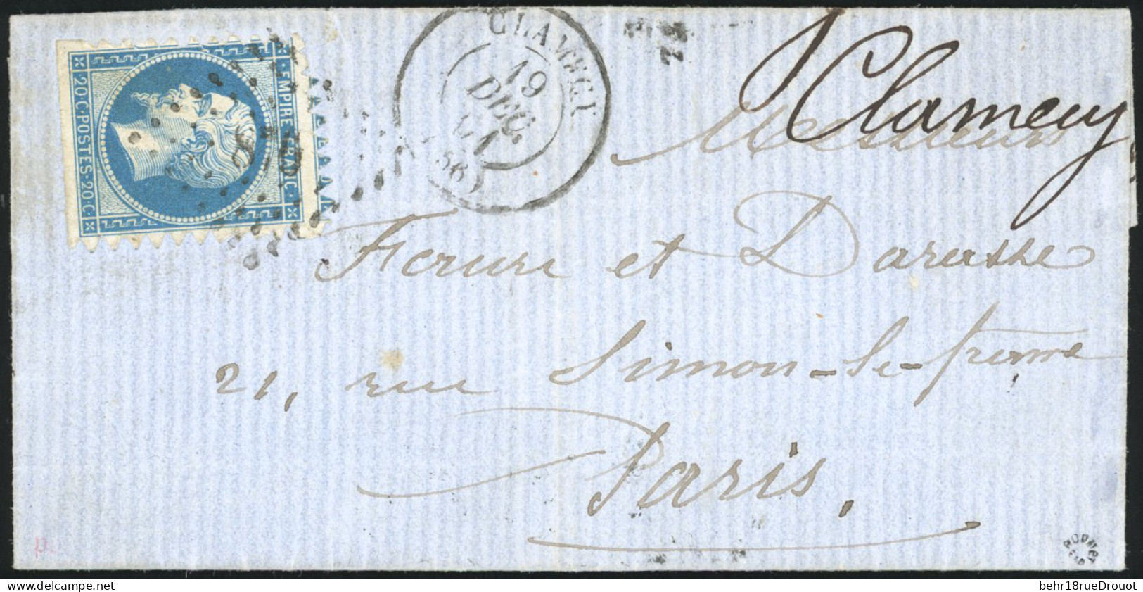 Obl. 14B - 20c. Bleu Avec Amorce D'un Voisin, Piquage Prédécoupé De Clamecy Sur 3 Côtés, Obl. PC 876 S/lettre Frappée Du - 1853-1860 Napoleon III