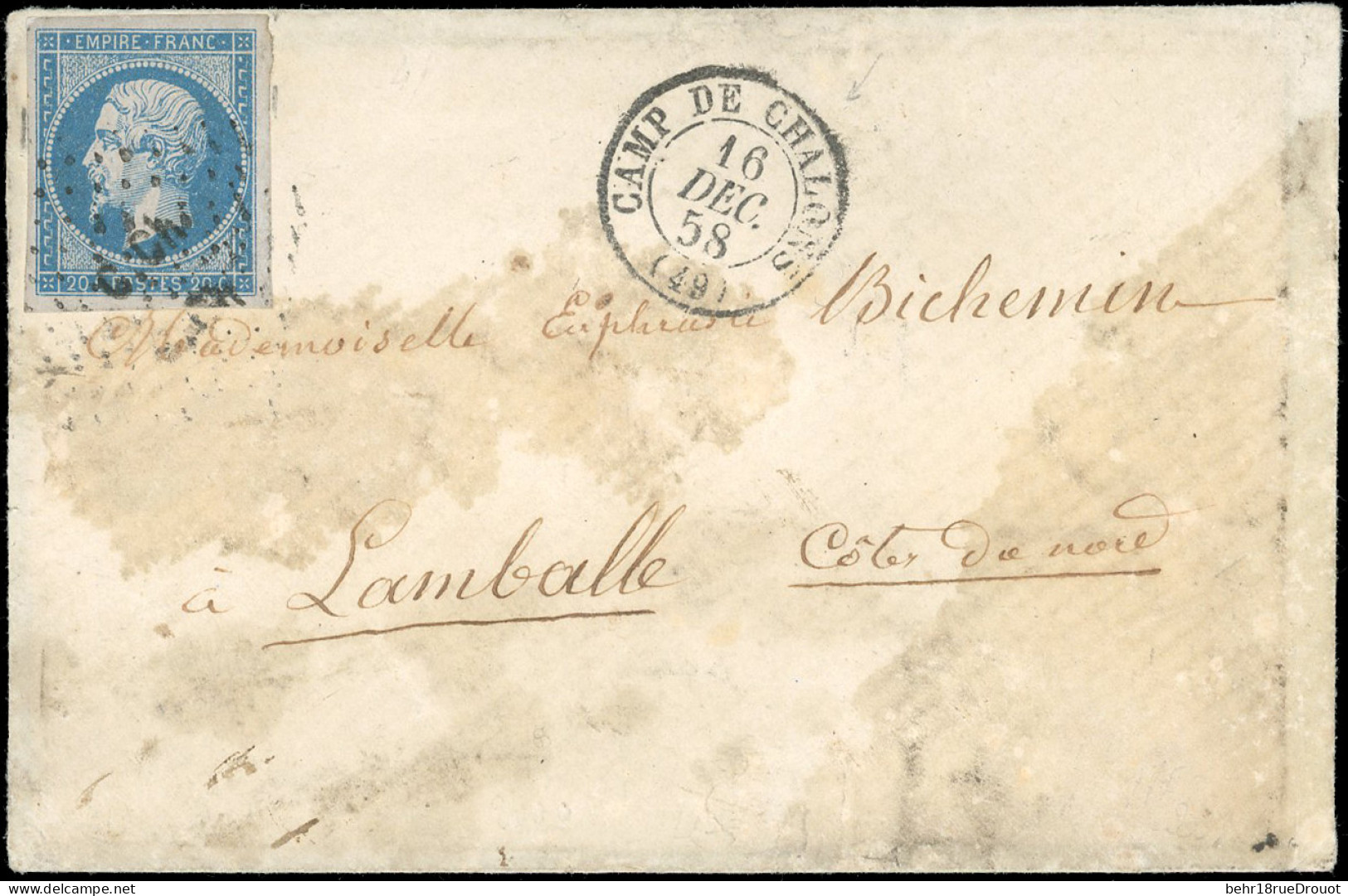 Obl. 14A - 20c. Bleu, Obl. "C.CH" S/lettre Frappée Du CàD Du CAMP DE CHALONS Du 16 Décembre 1858 à Destination De LAMBAL - 1853-1860 Napoléon III