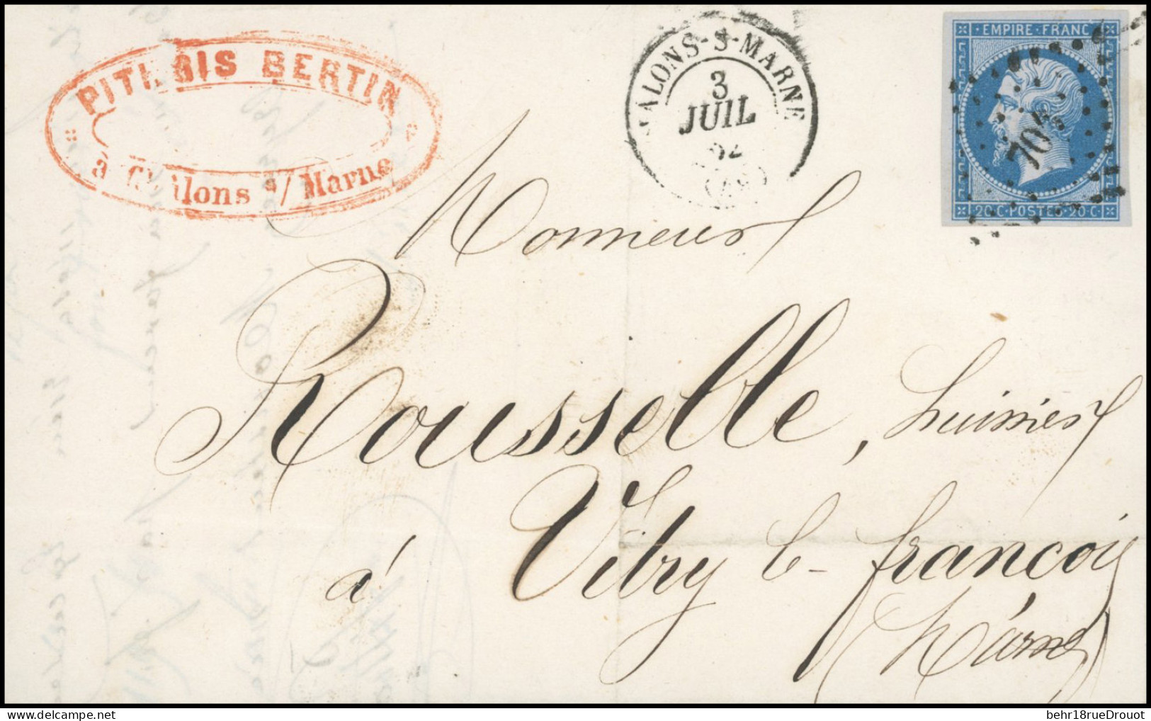 Obl. 14Bb - 20c.bleu S/lilas, Belles Marges, Obl. PC 704 S/lettre Frappée Du CàD De CHALONS-SUR-MARNE Du 3 Juillet 1862  - 1853-1860 Napoleon III