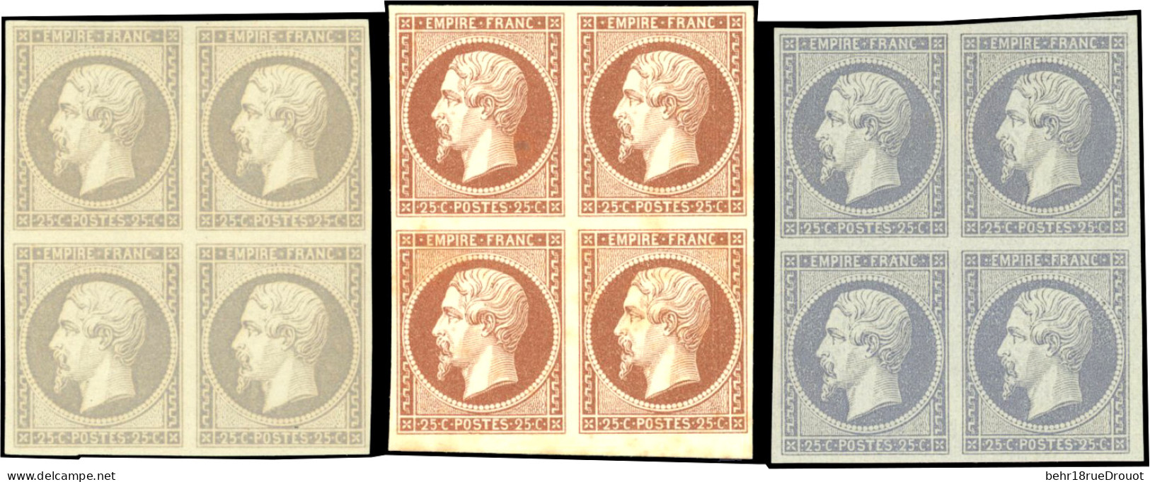 (*) 15 - 25c. Essai En 3 Blocs De 4. Papier Normal Et Carton Violet, Gris-violet Et Bistre. TB. - 1853-1860 Napoléon III.