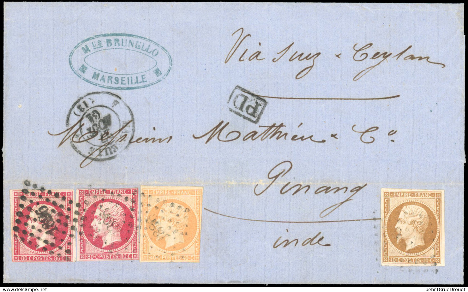 Obl. 17B+16+13A - 80c. Rose X 2 + 40c. Orange + 10c. Bistre Obl. PC 1896 S/lettre Frappée Du CàD De MARSEILLE Du 27 Août - 1853-1860 Napoléon III.