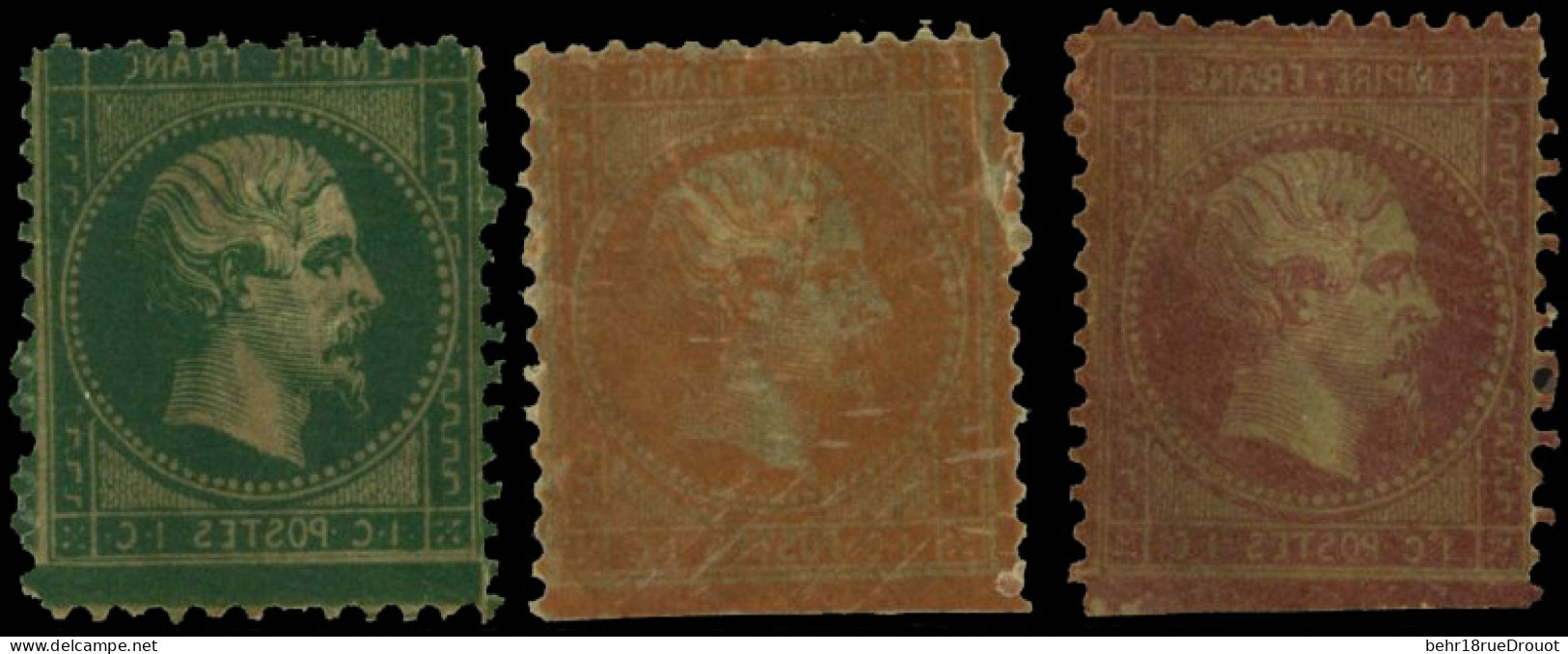 (*) 19 - 3 Essais Du 1c. En Vert, Orange Et Rouge S/papier Baudruche. B à TB. - 1862 Napoléon III