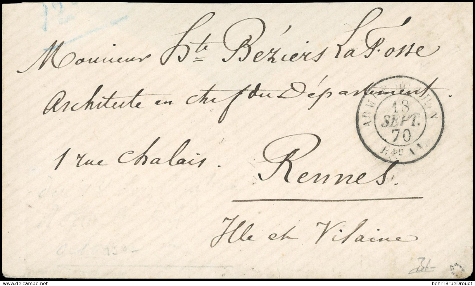 Obl. LE VILLE DE FLORENCE. Lettre Non Taxée Frappée Du CàD ARMEE DU RHIN BAU AL Du 18 Septembre 1870 à Destination De RE - Oorlog 1870