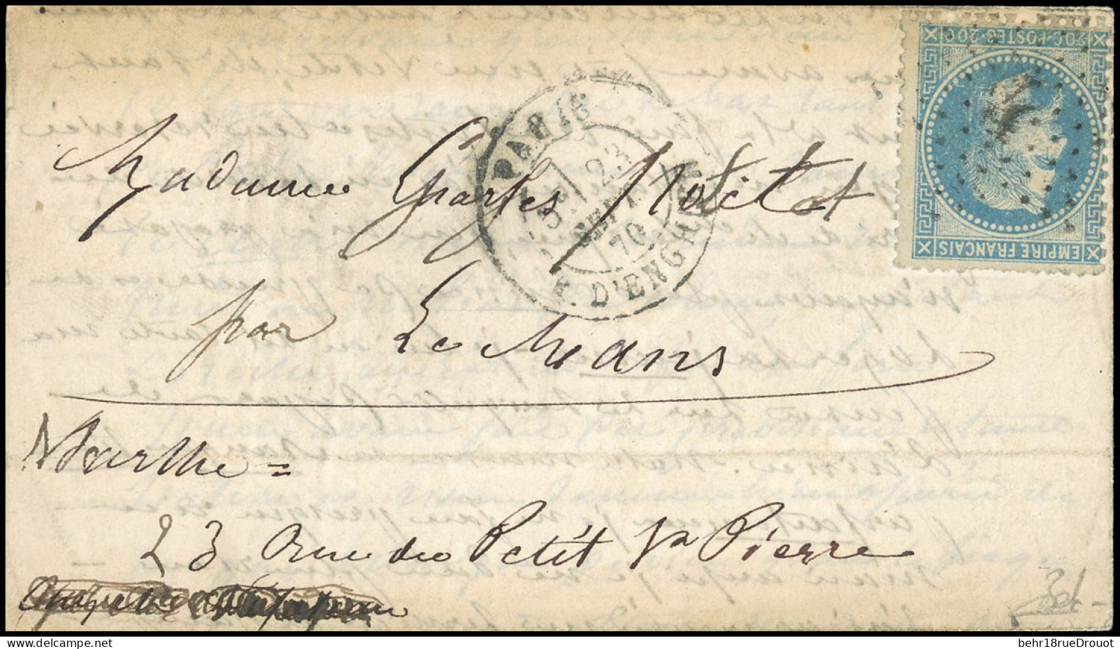 Obl. 29 - Courrier Retardé LA VILLE DE FLORENCE. 20c. Laurés Obl. étoile ''4'' S/lettre Frappée Du CàD De PARIS - RUE D' - Guerre De 1870