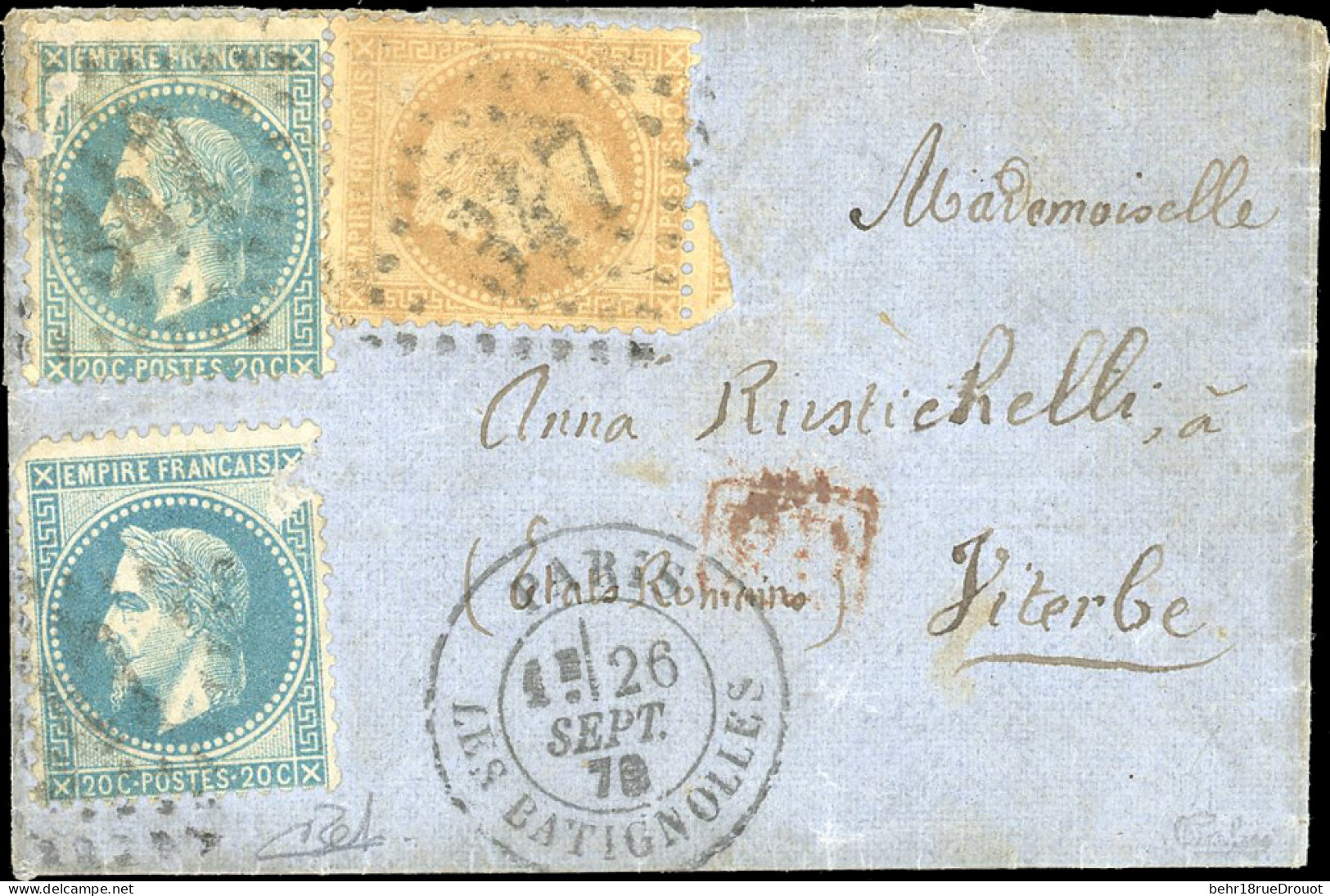 Obl. 28+29x2 - LES ETATS-UNIS. 10c. + 2 X 20c. Lauré (déf.) Obl. GC 347 S/lettre Frappée Du CàD De PARIS - BATIGNOLLES D - Guerre De 1870