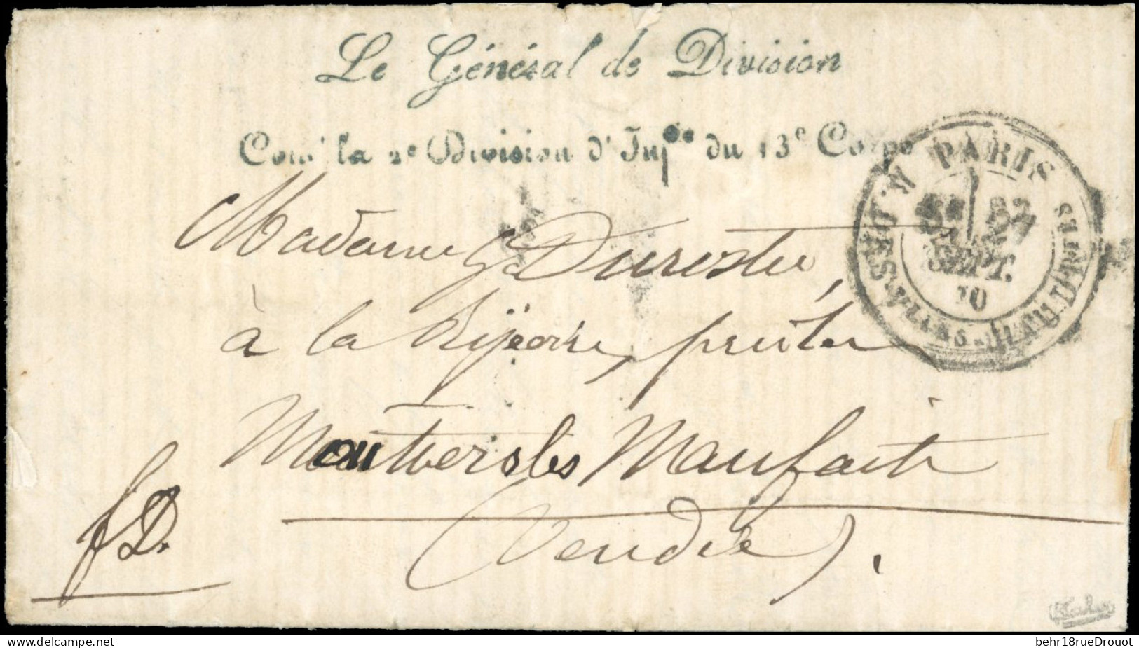 Obl. LES ETATS UNIS. Lettre Du Bicêtre Du 27 Septembre 1870 Frappée De La Griffe De FRANKLIN ''Le Général De Division Du - Oorlog 1870