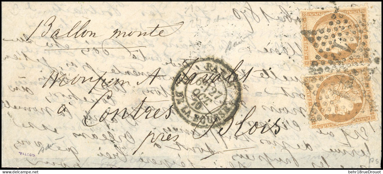 Obl. 36 - LE COLONEL CHARRAS. 10c. Siège X 2 Obl. étoile 1 S/lettre Frappée Du CàD De PARIS - PL. DE LA BOURSE Du 27 Oct - Guerra De 1870