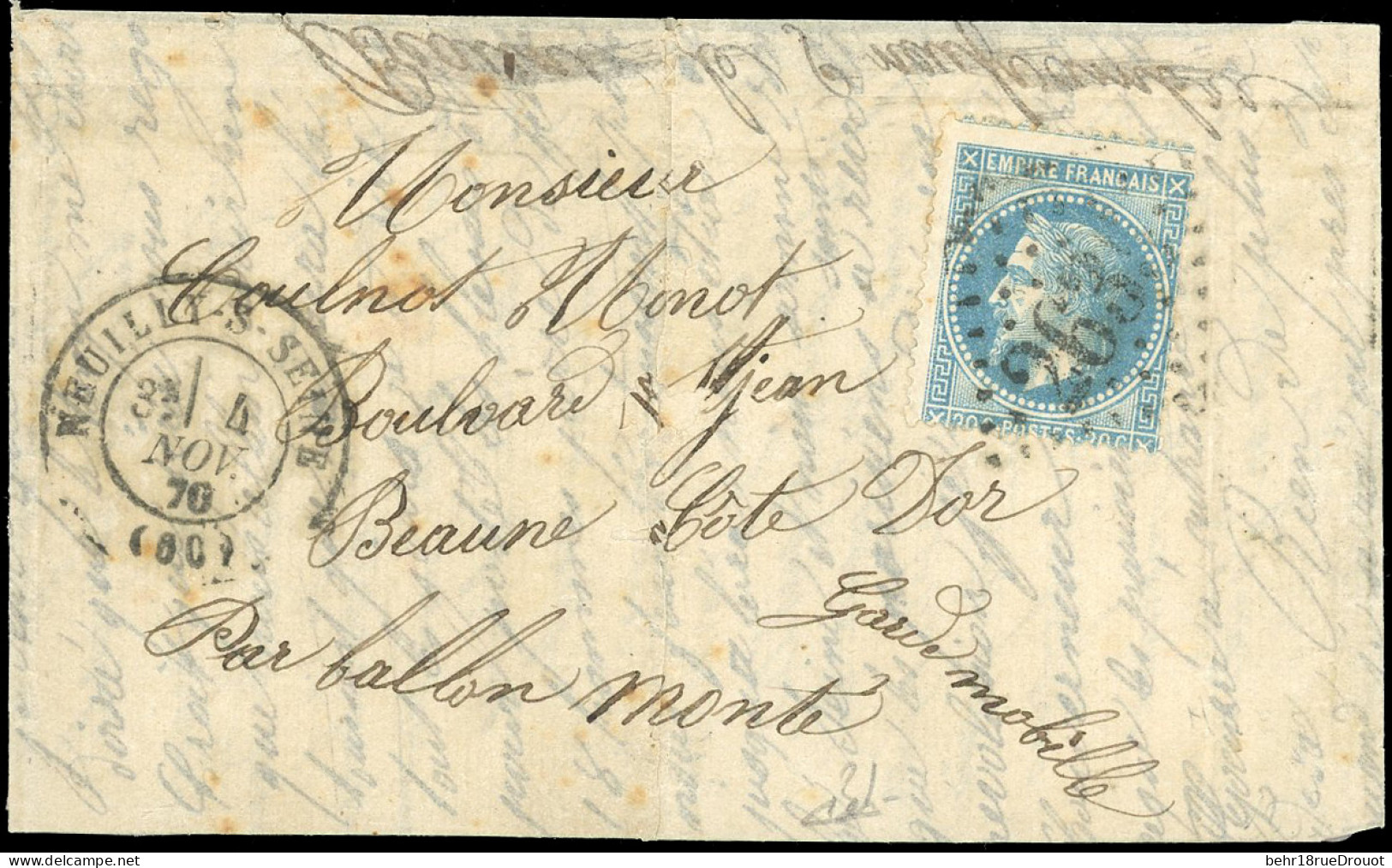 Obl. 29 - LE VILLE DE CHATEAUDUN. 20c. Lauré Obl. GC 2635 S/lettre Frappée Du CàD De NEUILLY-SUR-SEINE Du 4 Novembre 187 - Oorlog 1870