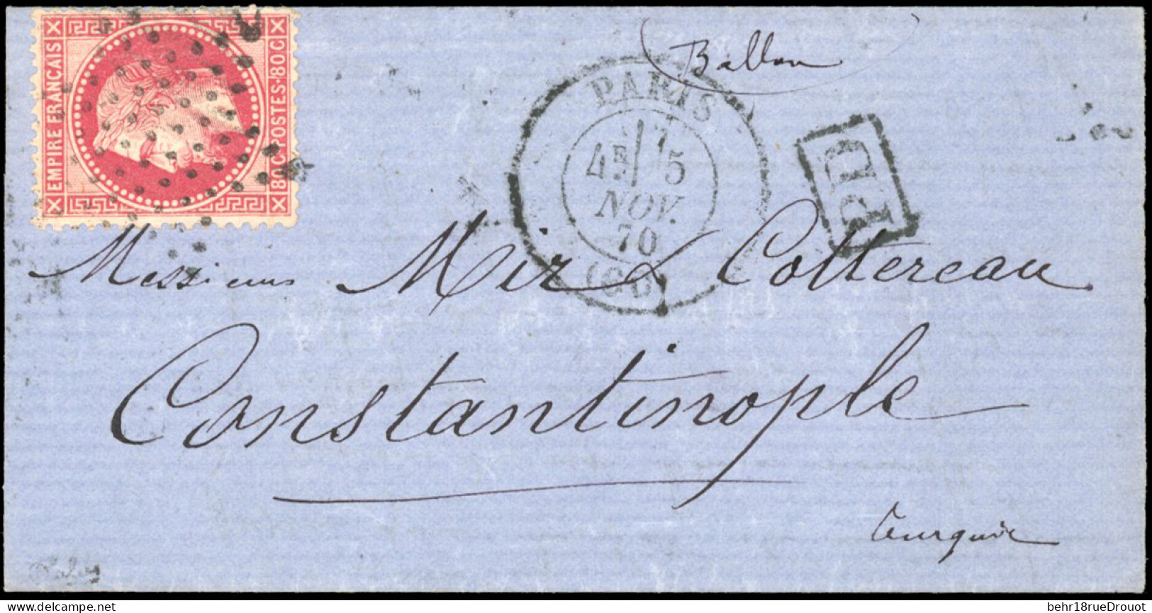 Obl. 32 - LA VILLE DE CHATEAUDUN. 80c. Lauré Obl. étoile S/lettre Frappée Du CàD De PARIS Du 5 Novembre 1870 à Destinati - War 1870