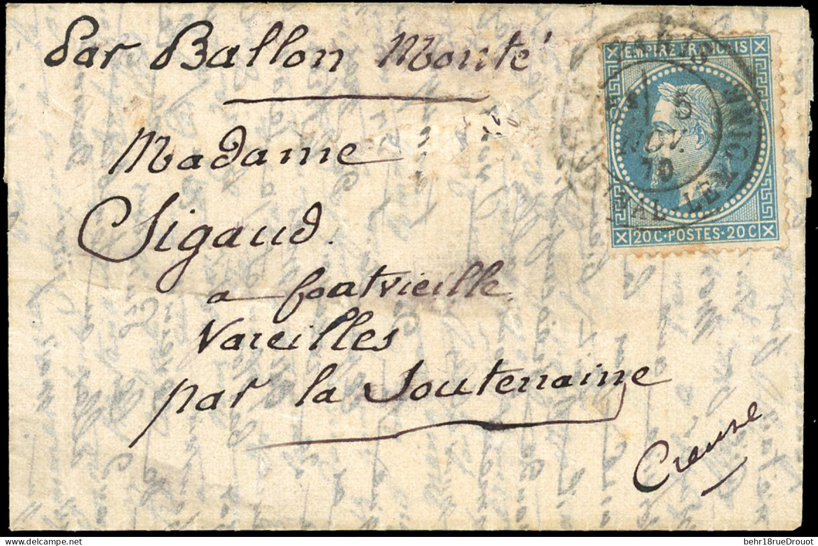 Obl. 29 - LA VILLE DE CHATEAUDUN. 20c. Lauré Obl. S/lettre Frappée Du CàD De PARIS - R. CARDINAL LEMOINE Du 5 Novembre 1 - Krieg 1870