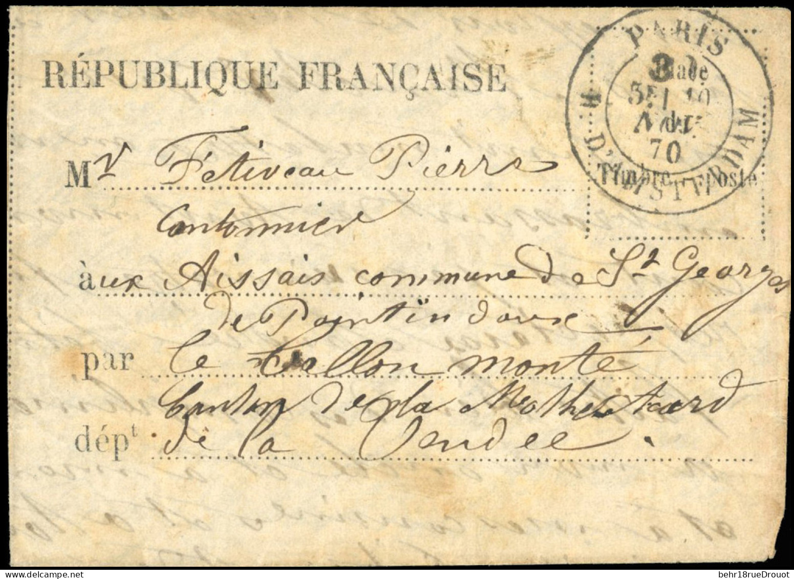 Obl. LE DAGUERRE. Formule Imprimée ''REPUBLIQUE FRANCAISE'' Frappée Du CàD Taxe à 30c. De PARIS - R. D'AMSTERDAM Du 10 N - War 1870