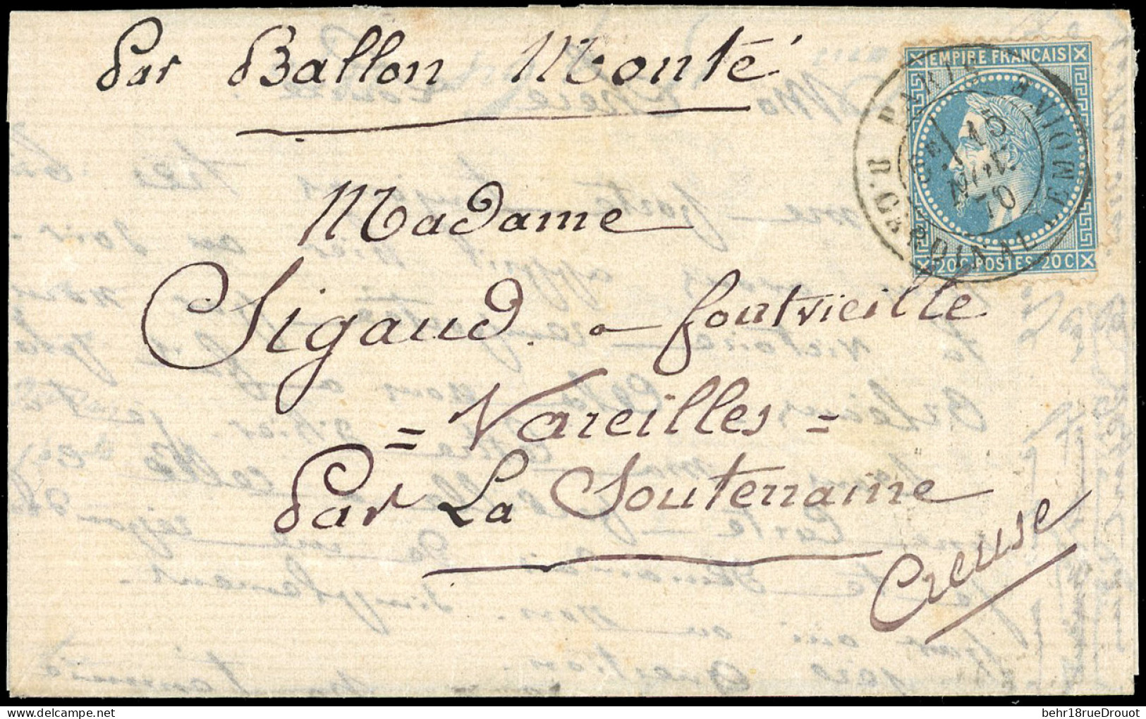 Obl. 29 - LE GENERAL UHRICH. 20c. Laurés Obl. S/lettre Frappée Du CàD De PARIS - R. CARDINAL LEMOINE Du 15 Novembre 1870 - Guerre De 1870
