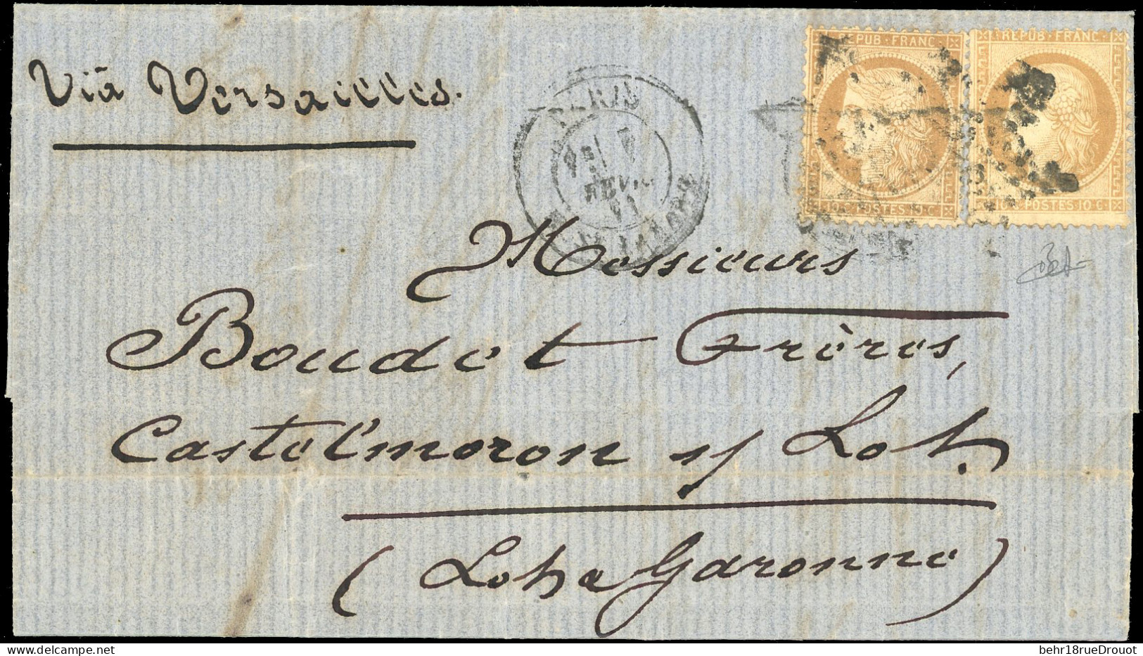 Obl. 36x2 - 10c. Siège X 2 Obl. étoile De Paris 2 S/lettre Frappée Du CàD De PARIS - ST-LAZARE Du 7 Février 1871 à Desti - Guerre De 1870