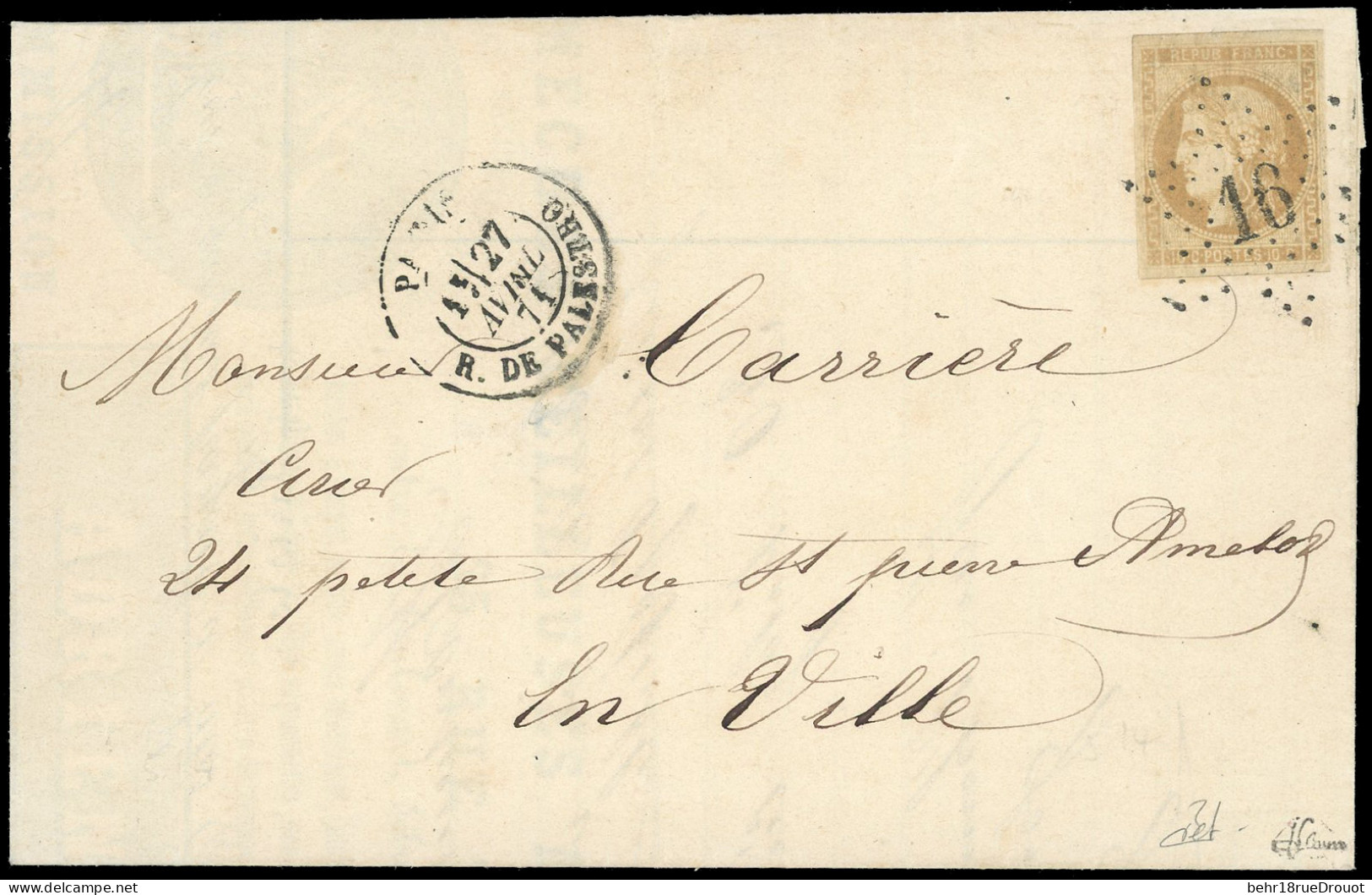 Obl. 43 - 10c. Bordeaux, Report I, Obl. étoile De Paris 16 S/lettre Locale Frappée Du CàD De PARIS - R. DE. PALESTRO Du  - Krieg 1870