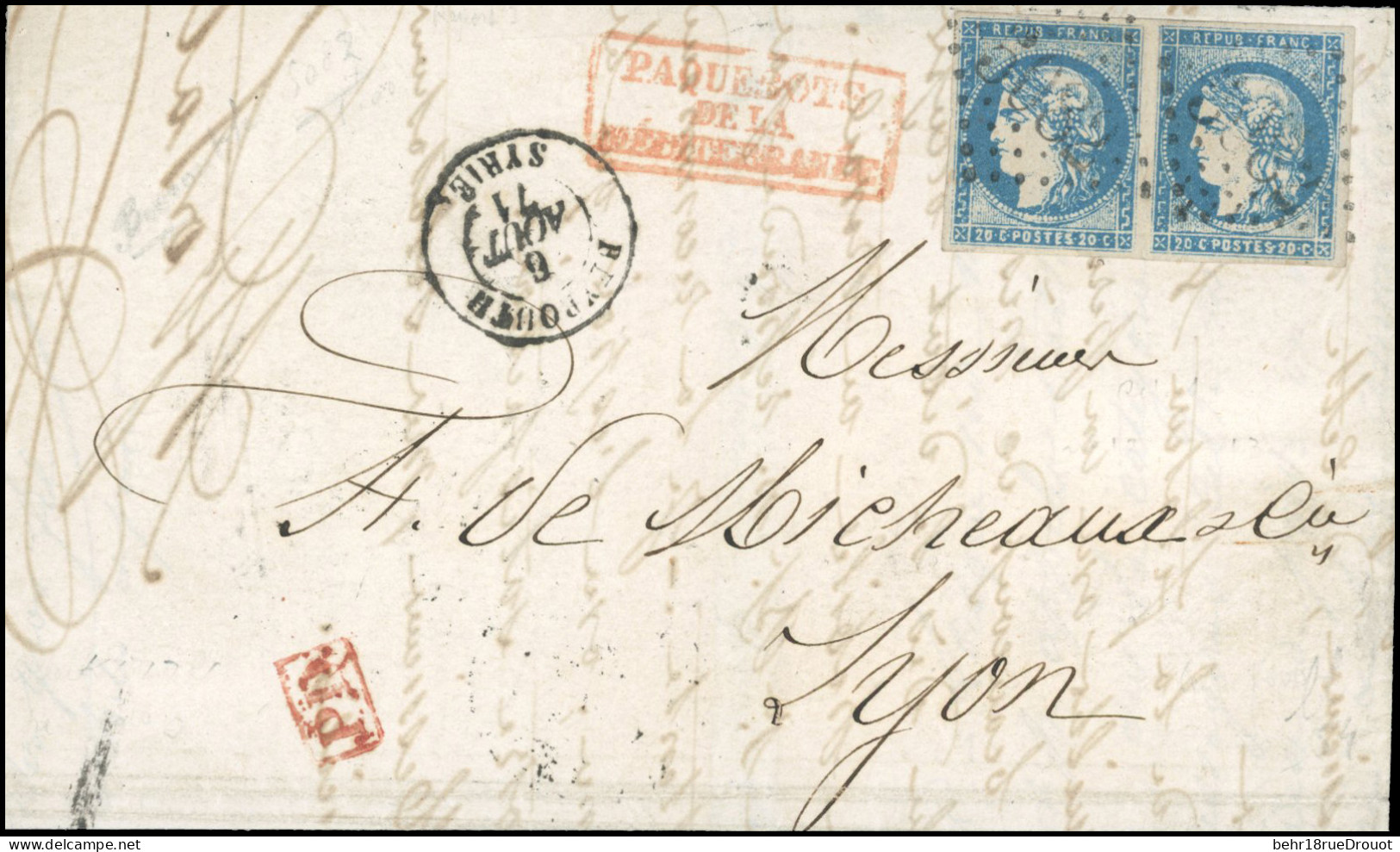 Obl. 44B - BEYROUTH. Paire Du 20c. Bordeaux, Type I, Report 2 Obl. GC 5082 S/lettre Frappée Du CàD De BEYROUTH-SYRIE Du  - 1849-1876: Klassik