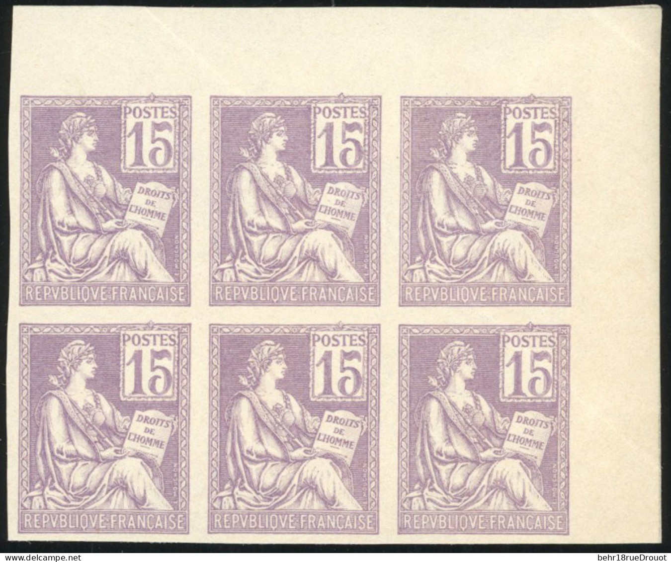 (*) 117 - Essai Du 15c. Mouchon En Violet. Bloc De 6. ND. Coin De Feuille. Pli. - Andere & Zonder Classificatie