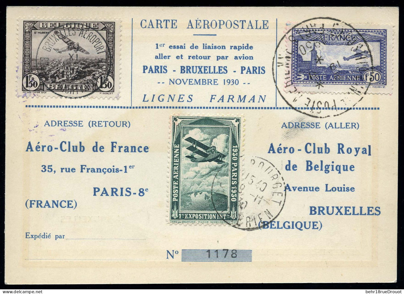 Obl. 6 - 1F.50 Bleu + Vignette De L'exposition En Vert Obl. S/carte Aéropostale Numérotée Du 1er Essai De Liaison Rapide - Sonstige & Ohne Zuordnung