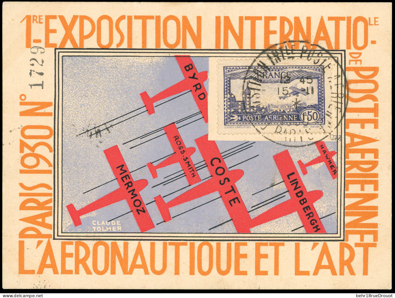 Obl. 6c - 1F.50 Outremer, Perforé EIPA30, S/carte Postale Numérotée De L'exposition Avec Bordure En Orange, Frappée Du G - Sonstige & Ohne Zuordnung