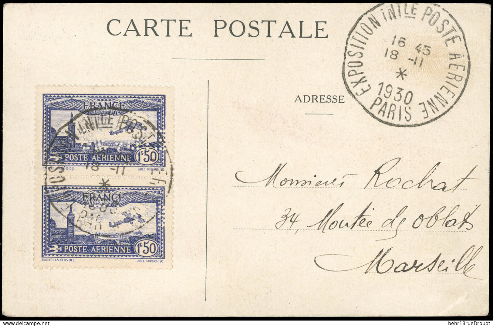 Obl. 6c - Paire Du 1F.50 Outremer, Perforé EIPA30 Inversé, S/carte Postale De L'exposition, Frappée Du Grand CàD De L'ex - Andere & Zonder Classificatie