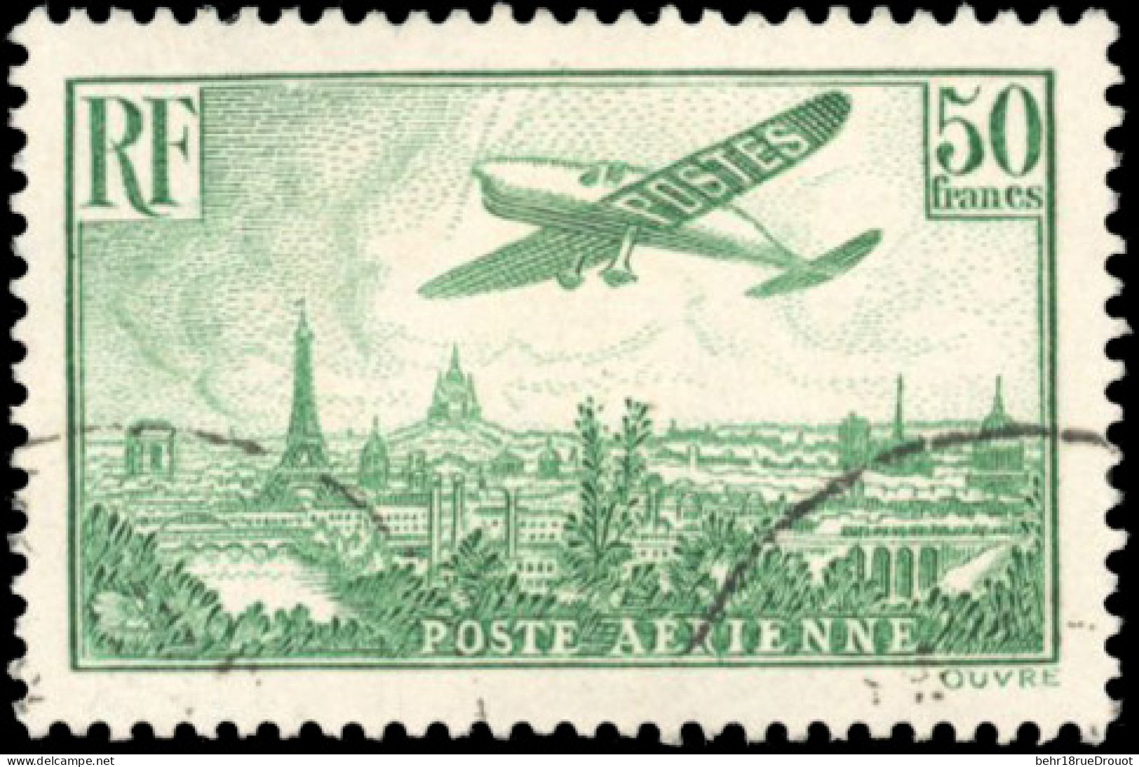 Obl. 14 - 50F. Avion Survolant Paris Vert-jaune. Obl. TB. - Andere & Zonder Classificatie