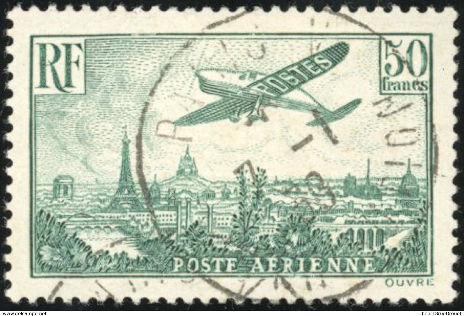 Obl. 14a - 50F. Avion Survolant Paris Vert. Obl. TB. - Sonstige & Ohne Zuordnung