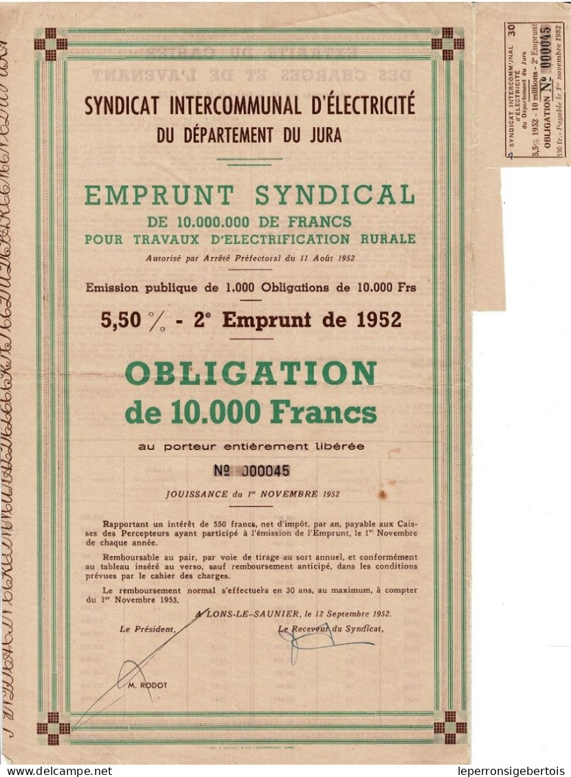 Obligation De 1952 -Syndicat Intercommunal D'Electricité Du Jura -Emprunt Syndical Pour Travaux D'électrification Rurale - Elektrizität & Gas