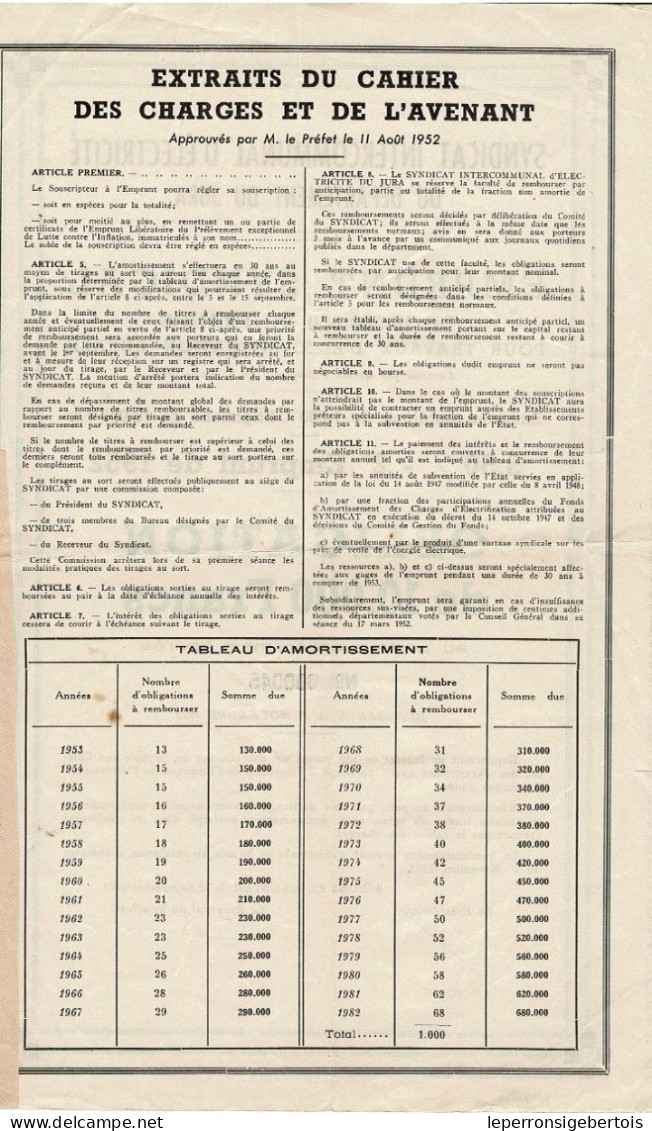 Obligation De 1952 -Syndicat Intercommunal D'Electricité Du Jura -Emprunt Syndical Pour Travaux D'électrification Rurale - Electricidad & Gas