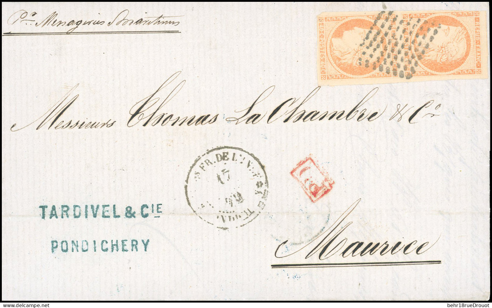 Obl. 13 - 40c. Orange Obl. Losange S/lettre Frappée Du CàD De ETAB FR. DE L'INDE - PONDICHERY Du 17 Mai 1872 + Au Verso  - Andere & Zonder Classificatie