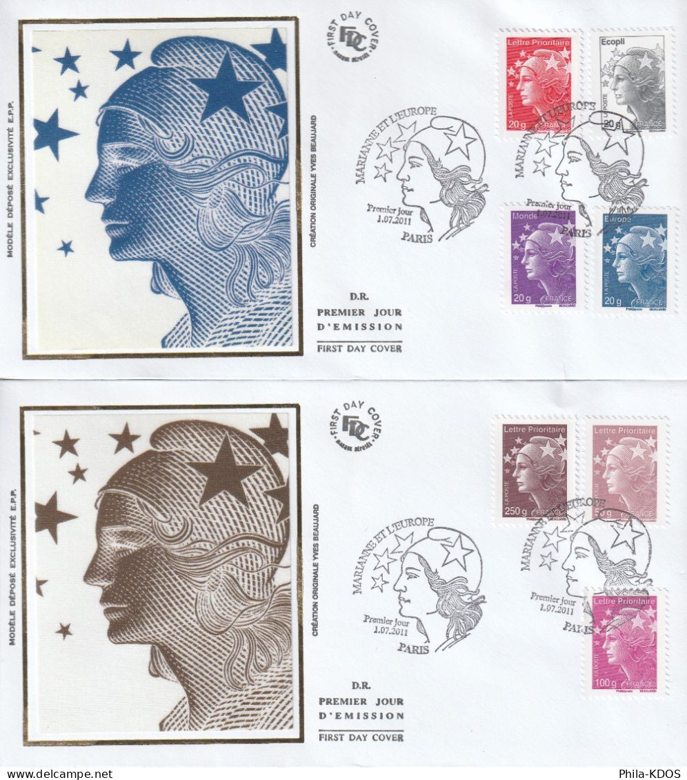 2011  " MARIANNE DE BEAUJARD " Sur 2 Enveloppes 1er Jour Sur Soie N° YT 4565 à 4571. Parfait état. FDC à Saisir !!! - 2008-2013 Maríanne De Beaujard