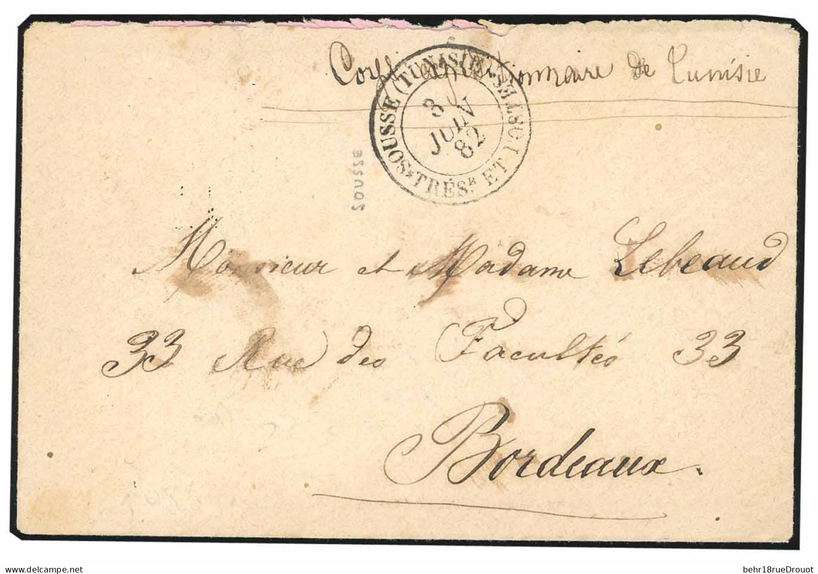 Obl. Lettre Du Corps Expéditionnaire De Tunisie. Obl. Du CàD De SOUSSE (TUNISIE) - TRESR ET POSTES Du 3 Juin 1882 à Dest - Otros & Sin Clasificación