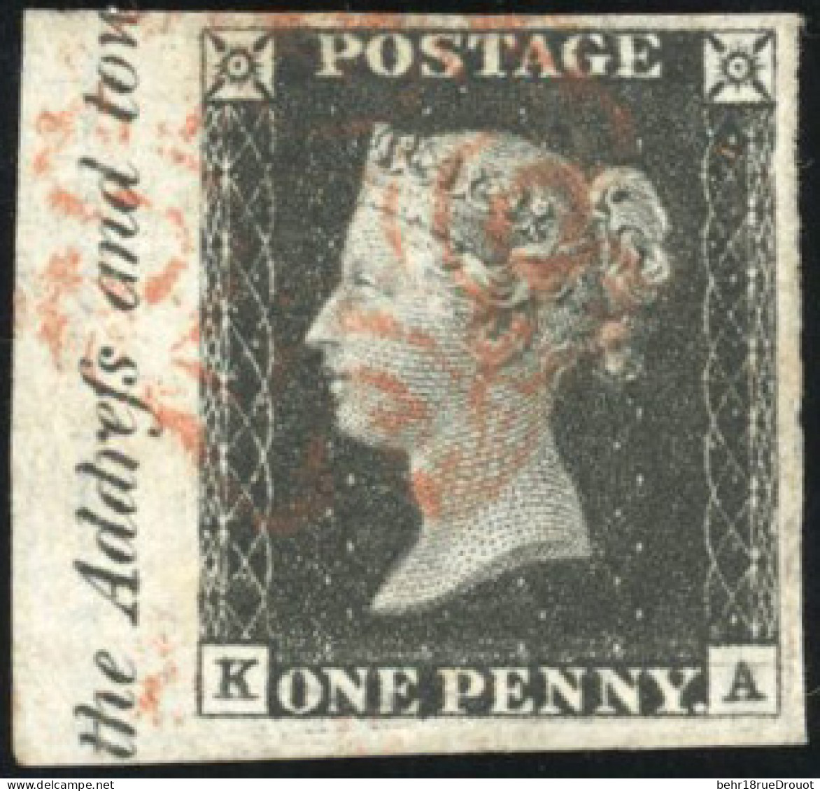 Obl. SG#1 - 1 Penny Black. Letter K-A. Sheet Border With Marginal Inscription. Example Obl. With Red Maltese Cross. SUP. - Autres & Non Classés