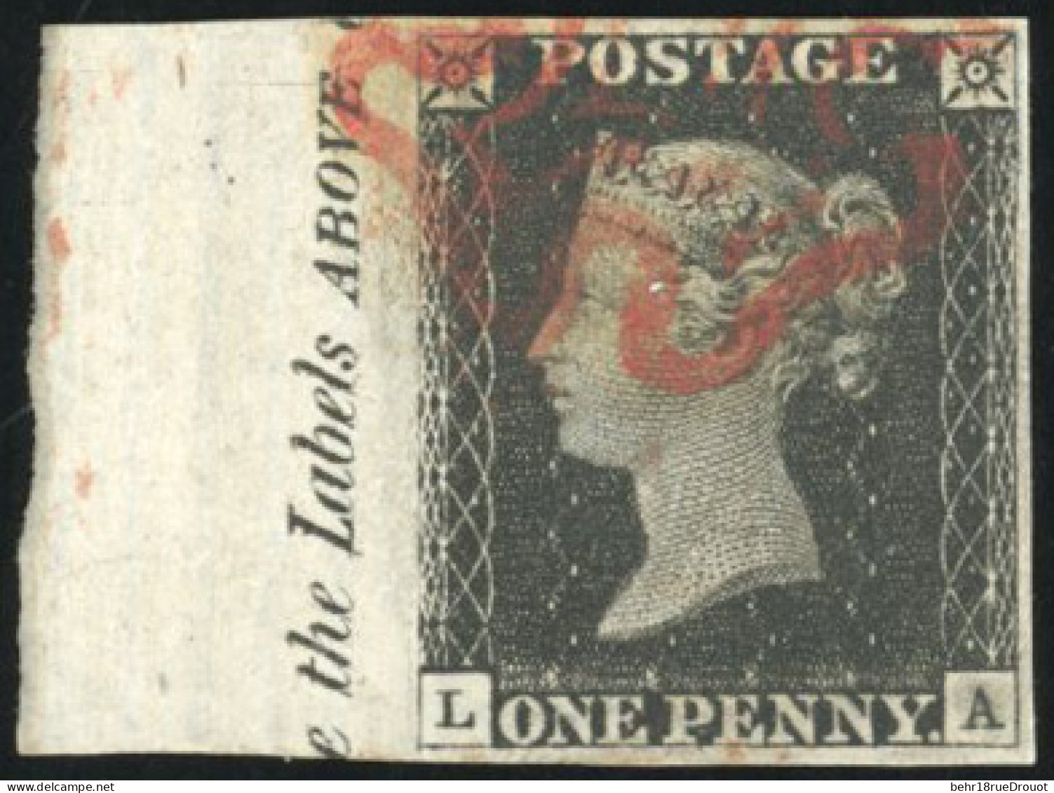 Obl. SG#1 - 1840. One Penny Black. Plate Ib. LA From The Left Of The Sheet With Marginal Inscription ''...e The Labels A - Andere & Zonder Classificatie