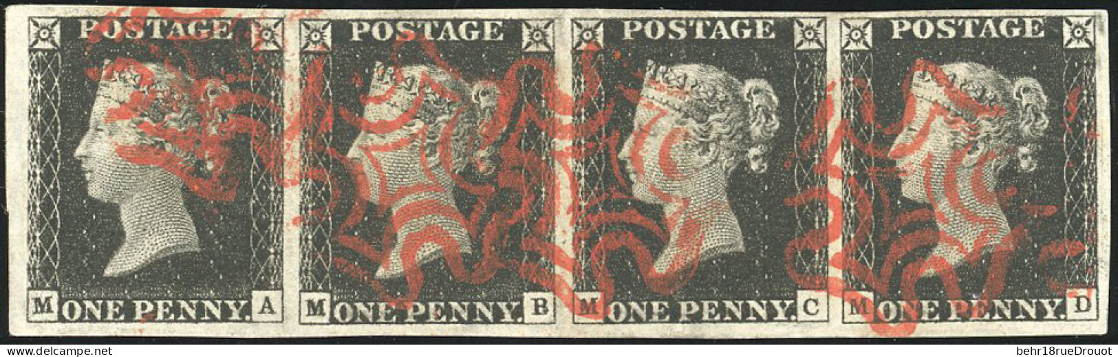 Obl. SG#1 - 1840. 1d. Intense Black. Wmk. Small Crown. Imperf. Horizontal Strip Of Four Lettered MA-MD From Plate 1b. Us - Andere & Zonder Classificatie