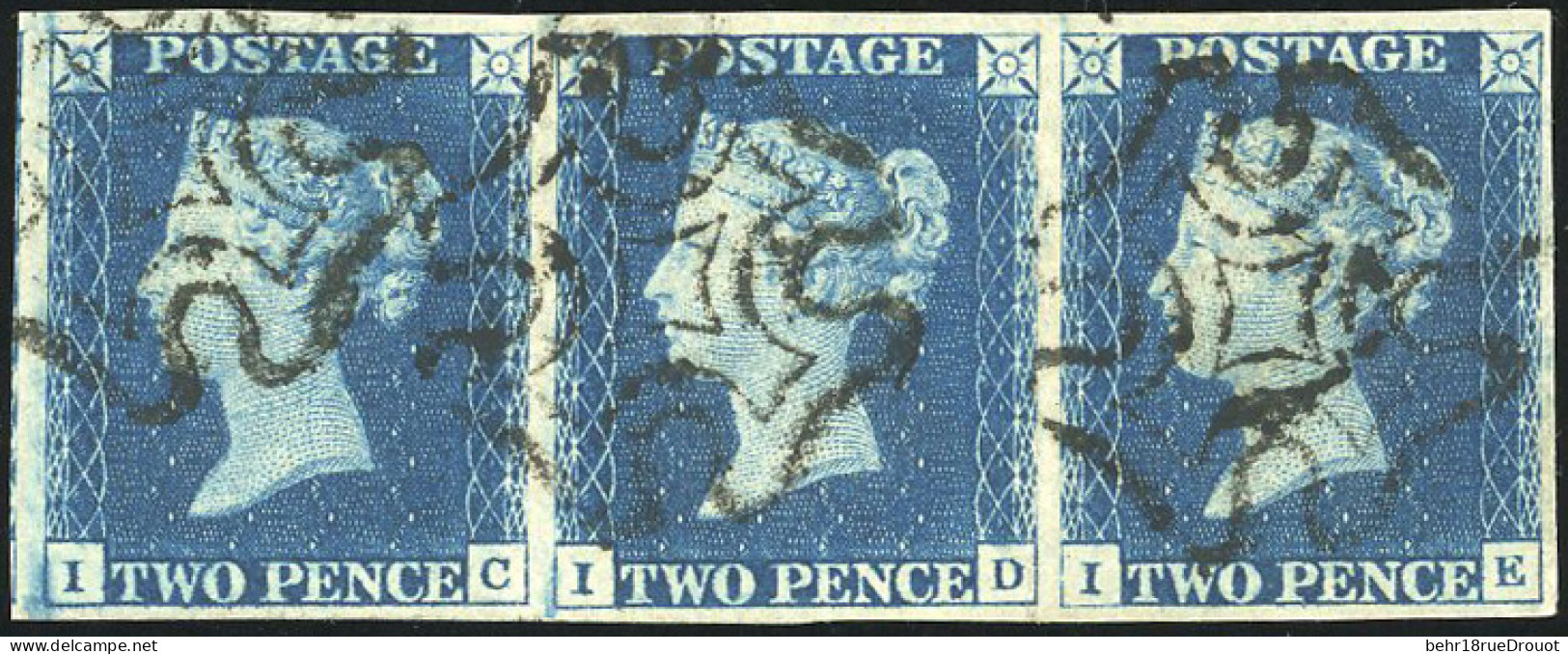 Obl. SG#5-DS6 - 1840. 2d. Deep Full Blue. Plate 2. Wmk. Small Crown. Imperf. Strip Of Three Lettered I-C I-D I-E With La - Autres & Non Classés