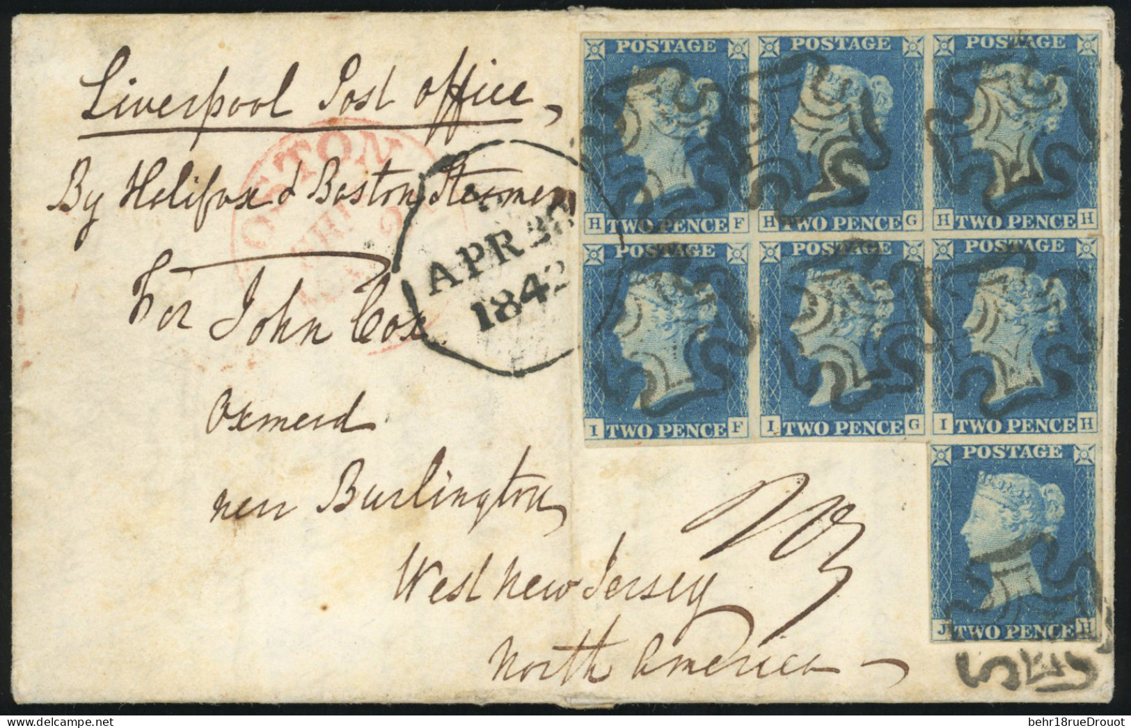 Obl. SG#5 - 1842. Entire Letter To U.S.A Franked With Block Of 7. 1840. 2d. Blue. Plate 1. Lettered HF-HH, IF-IH, JH, Ca - Other & Unclassified